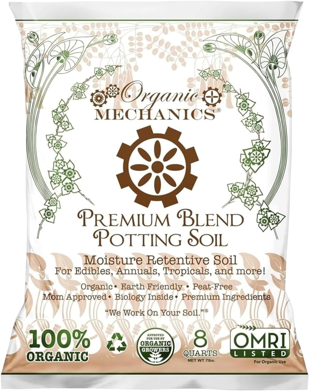Organic Mechanics Premium Blend Potting Soil, 8 qt - Moisture-Retentive, Peat-Free, Compost - Enriched Mix with Worm Castings & Perlite for Houseplants, Annuals, Veggies & Tropical Plants