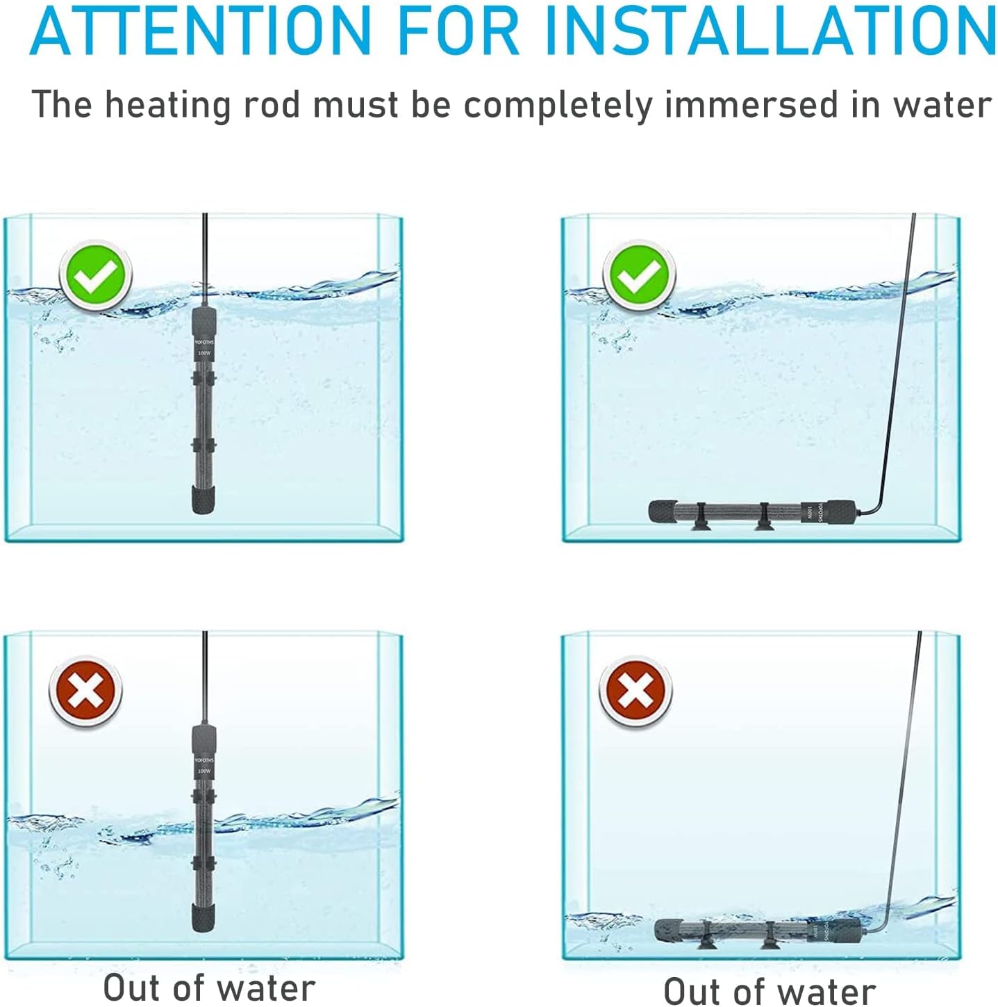 YukiHalu Small Submersible Aquarium Heater, Adjustable Mini Fish Tank Heater 25W 50W 100W 200W 300W with External Temperature Controller, LED Display, Used for 5/10/20/40/60 Gallons (50 Watts)