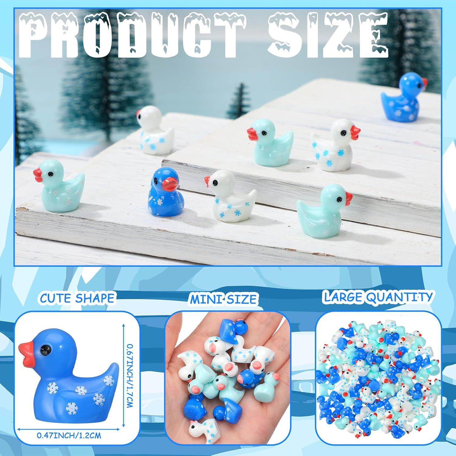 Realspring 200 Winter Mini Resin Snowflake Ducks Tiny Duck Figurines Bulk Cute Figures for Winter Christmas Miniature Landscape Garden Accessories Ornament Dollhouse Birthday Decor Party Favors