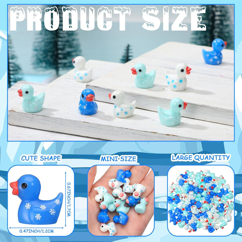 Realspring 100 Winter Mini Resin Snowflake Ducks Tiny Duck Figurines Bulk Cute Figures for Winter Christmas Miniature Landscape Garden Accessories Ornament Dollhouse Birthday Decor Party Favors
