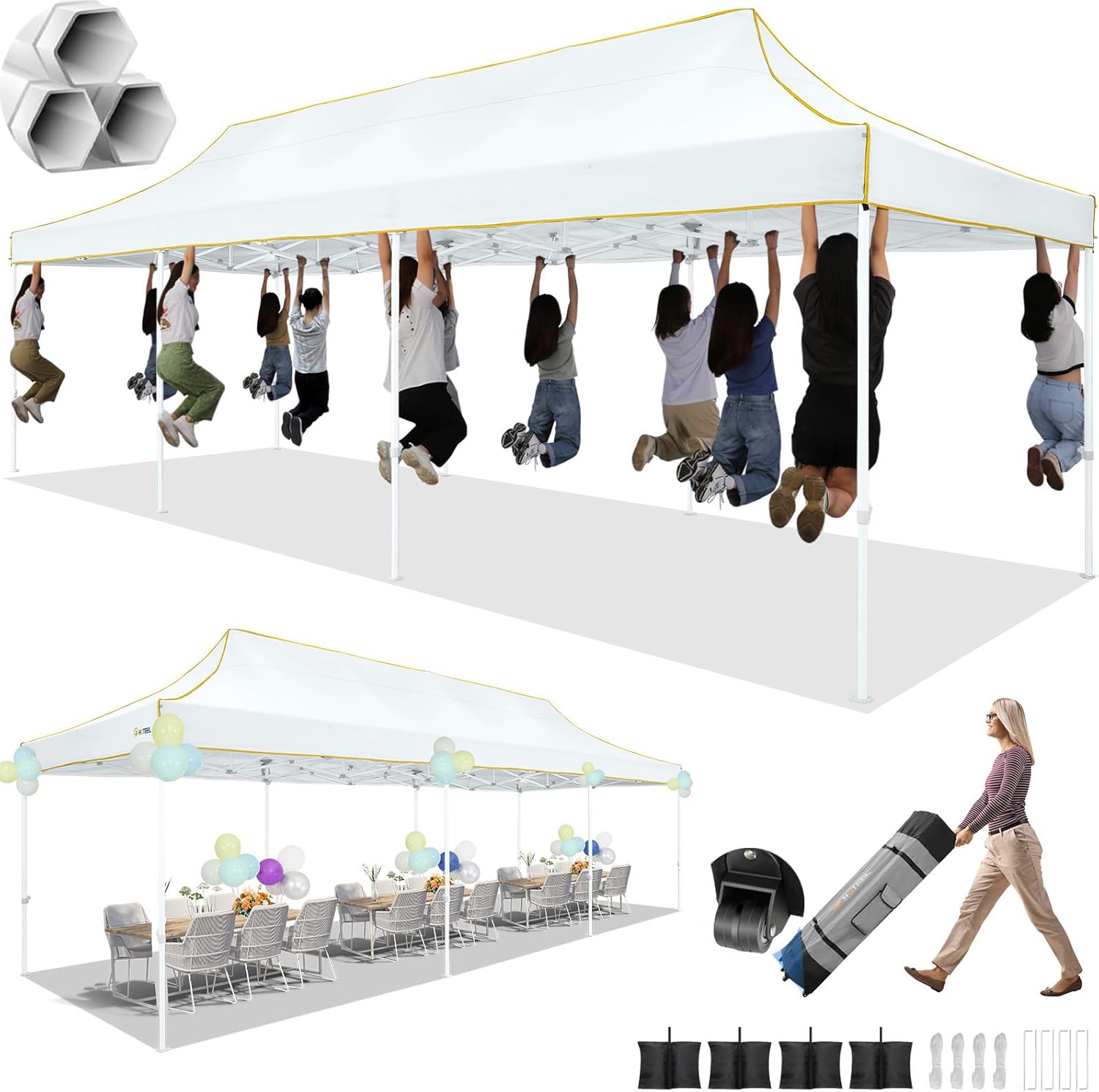 HOTEEL 10x30 Pop up Canopy Tent for Parties, Heavy Duty Easy Setup Tent Without Sidewalls, Outdoor Commercial Instant Gazebo for Wedding Event, with Portable Bag, White(Hexagonal Frame)
