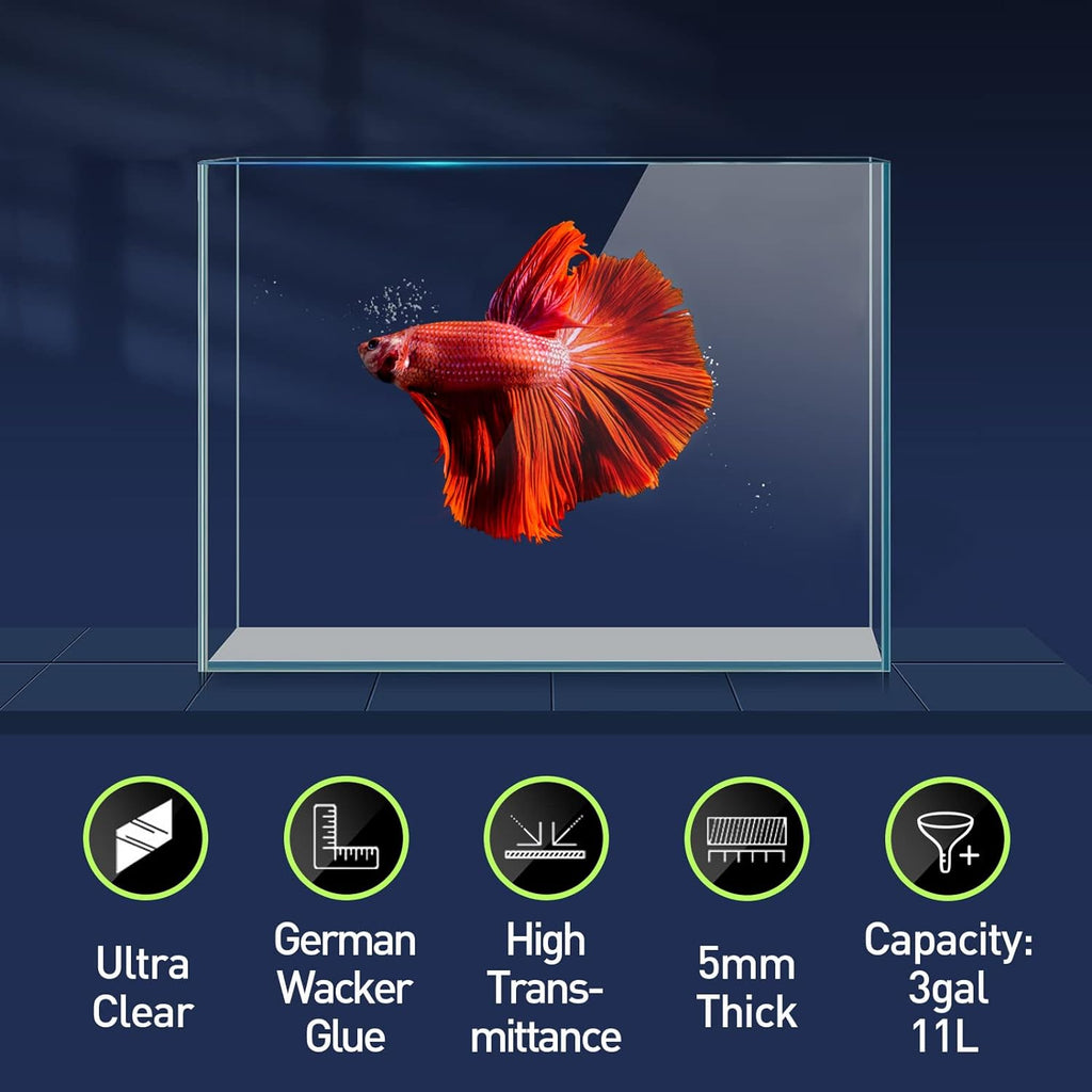 3 Gallon Ultra Clear Glass Fish Tank, Rimless Low Iron Aquarium for Betta/Nano/Goldfish/Snail/Shrimp, Small Fish Tank with Fish Net & Cleaning Tools