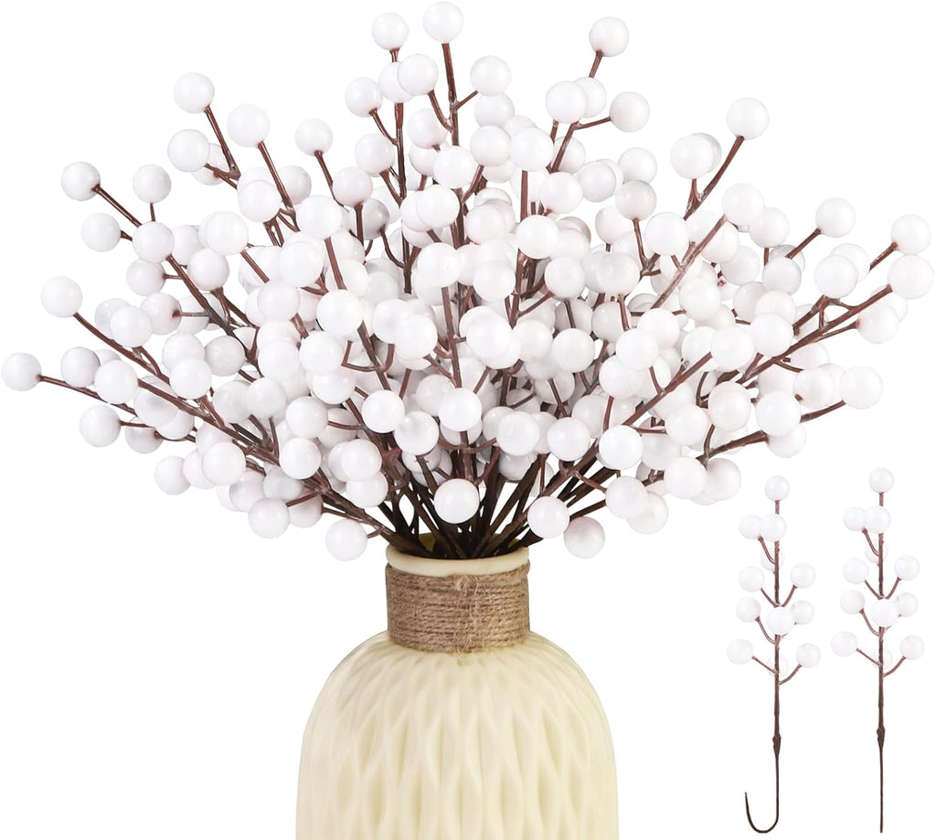 32 Pack Artificial White Berry Stems, Christmas White Berries Picks Holly Berry Branches for Christmas Tree Ornaments Xmas Wreath DIY Crafts Winter Holiday Home Decoration