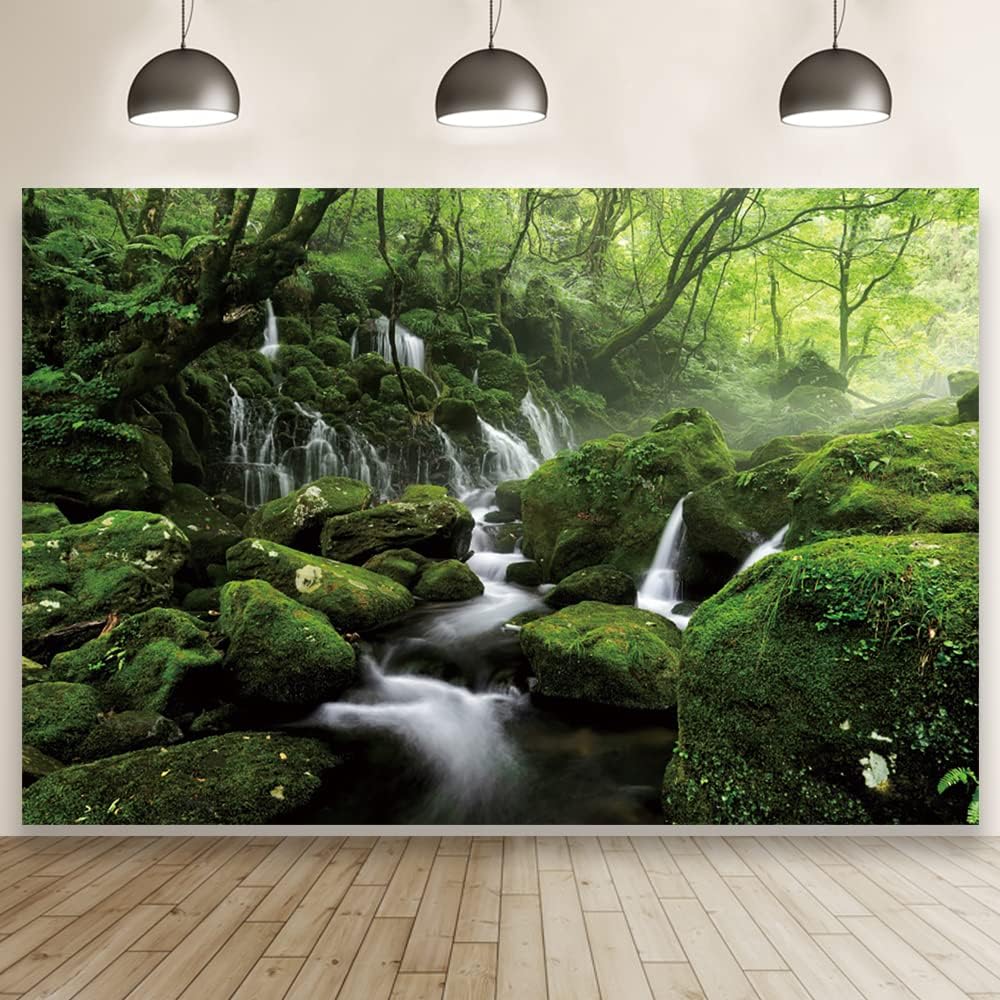 Leyiyi 7x5ft Forest Waterfall Backdrop Graceful Natural Scenery Photography Background Spring Scenery Misty Jungle Rock Mountain Flowing Stream Rainforest Birthday Party Events Photo Studio Props