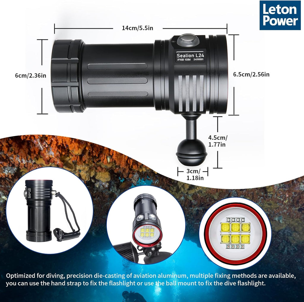 Diving Flashlight, L24 12000Lumens Dive Light,100m Underwater Video Light, Scuba Dive Lights, Underwater flashlights with Type-C Charging for Professional Under Water Sports