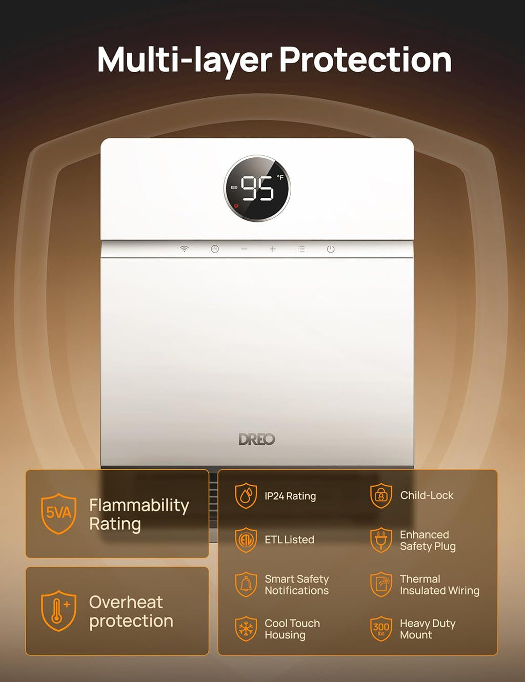 Dreo Smart Wall Heater, IP24 Electric PTC Space Heaters for Indoor Use, 30° Oscillation, Adjustable Thermostat, Remote Control, Works with Alexa, 24H Timer, Easy-mounted for Office, Bedroom, Home