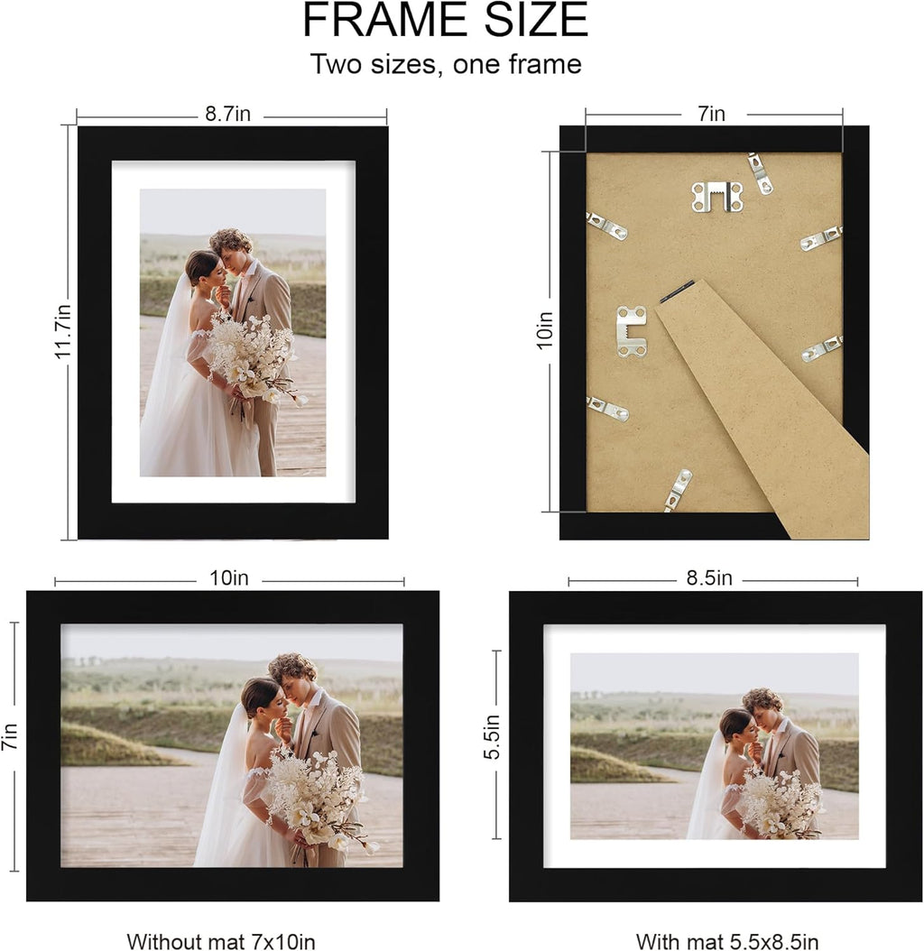 7x10 Picture Frame Set of 4, Made of Real Glass and Black Frame - Display Picture 5.5x8.5 with Mat or 7x10 Without Mat, 7 by 10 Photo for Wall or Tabletop