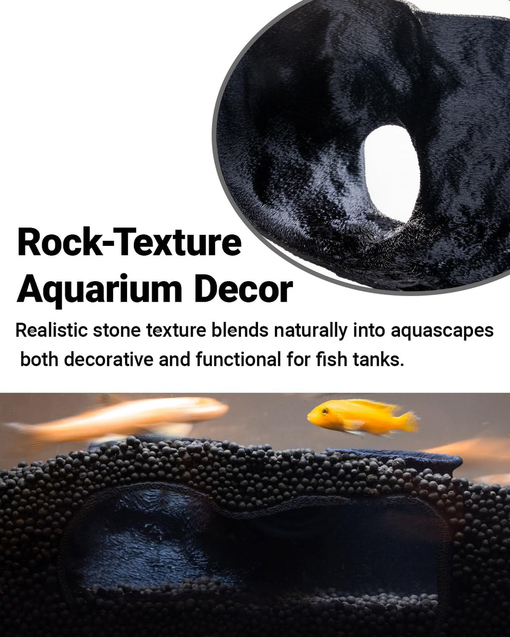 Dual-Entrance Rock-Texture Cave – Fish Tank Shelter & Aquarium Decor with 2 Tunnels, 6×3.4×2.3in (Black)