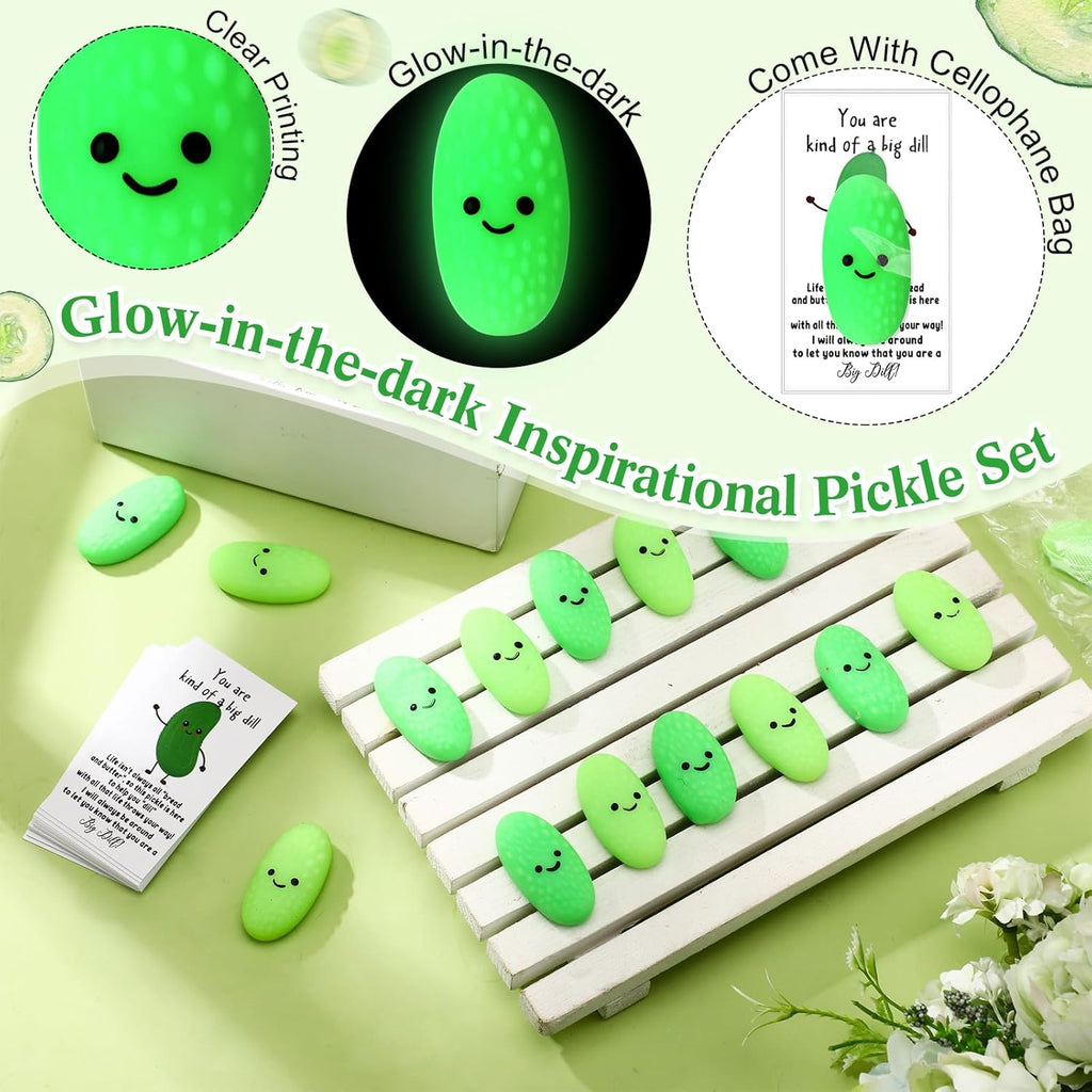 Wettarn 30 Sets Emotional Luminous Pickle Stress Ball Gift Bulk Office Christmas Appreciation Gift Cute Inspirational Pickle Squeeze Mini Stress Relief Ball Positive Card for Coworker Nurse Staff