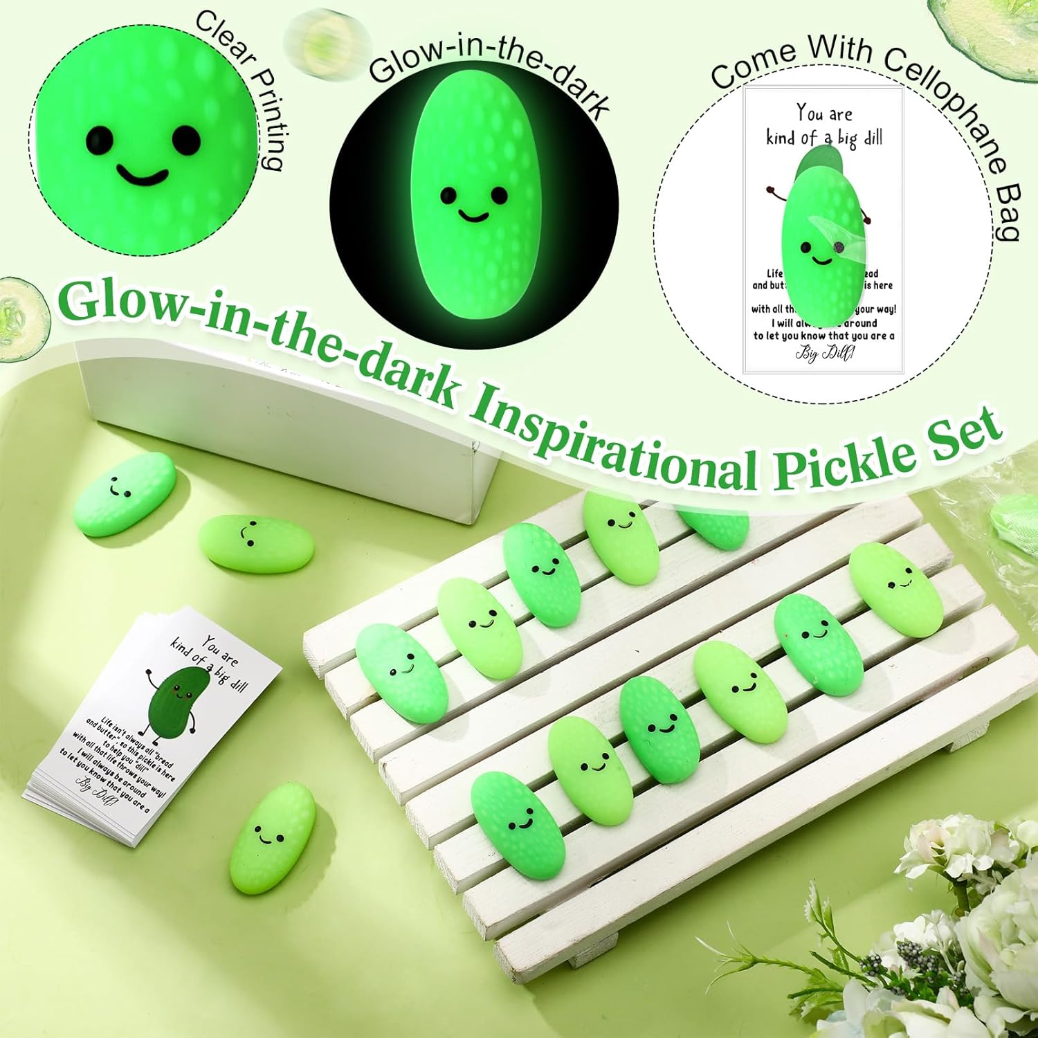 Wettarn 30 Sets Emotional Luminous Pickle Stress Ball Gift Bulk Office Christmas Appreciation Gift Cute Inspirational Pickle Squeeze Mini Stress Relief Ball Positive Card for Coworker Nurse Staff