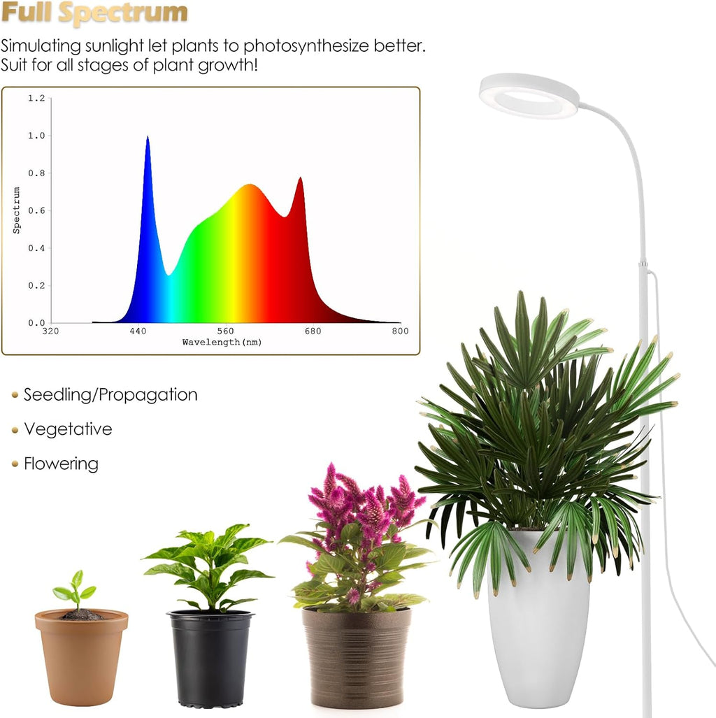 GLOWRIUM Grow Lights for Indoor Plants, Full Spectrum LED Grow Light Floor Lamp with Stand Adjustable Height and Angle, Black Plant Light with 3/9/12H Grow Light Timer (White, 20W)