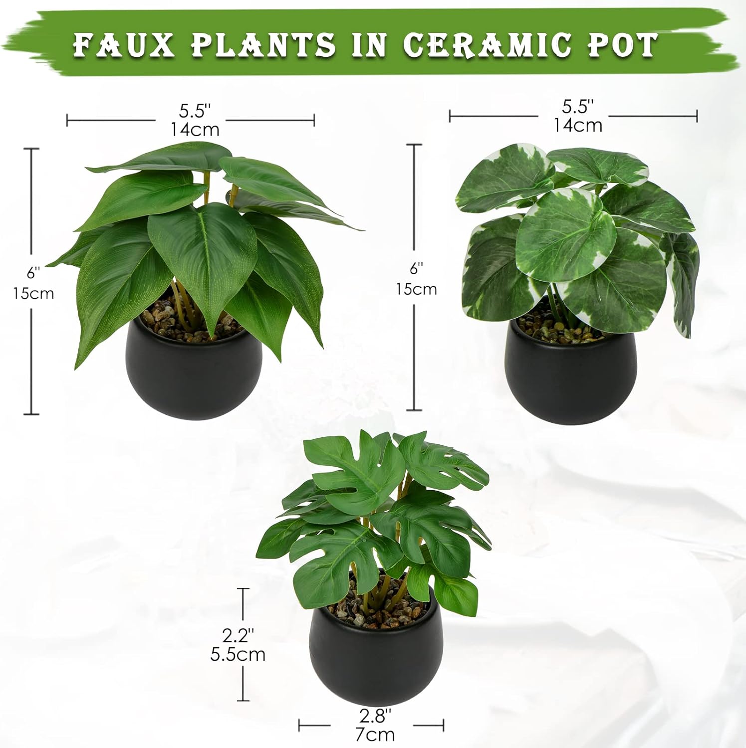 Briful 3PCS Fake Plants Potted Artificial Plants Mini Faux Plants in Black Ceramic Pots Greenery Décor for Home Office Table Room Farmhouse Indoor Decoration