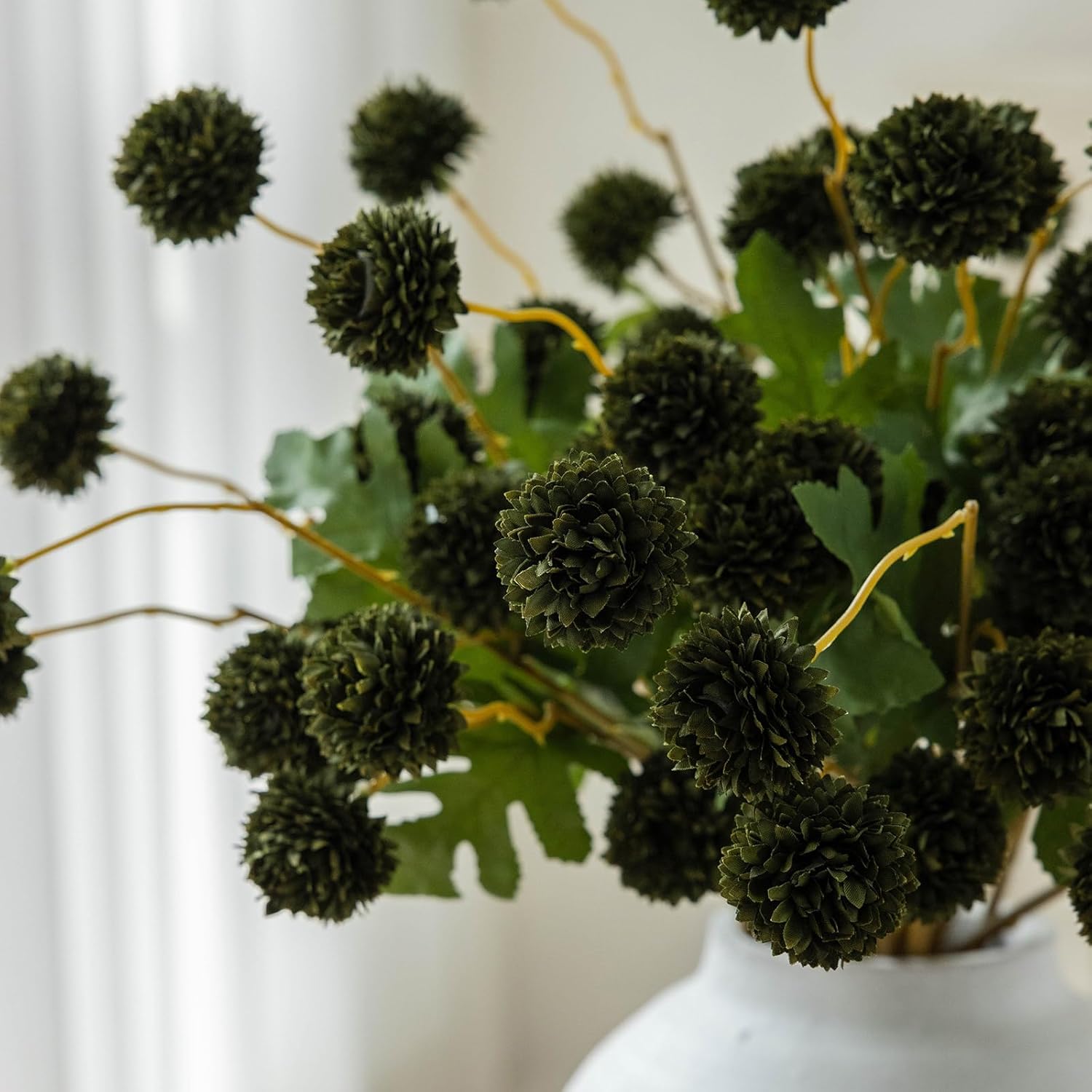 Mizii 6Pcs Green Fake Silk Pompon Mum Artificial Flowers Bulk Small Faux Chrysanthemums with Stems Realistic Floral Decorations for Wedding DIY Bouquet Centerpieces Shower Vase Home Decor (Dark Green)