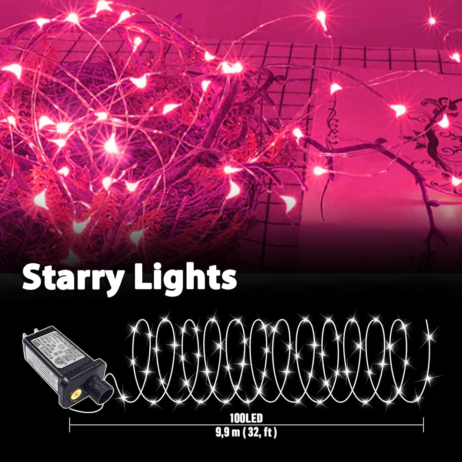 LAMPHOME Fairy Lights Plug in, 33Ft 100 LEDs Waterproof Twinkle Firefly Lights, Adaptor Included, Starry String Lights for Wedding Indoor Outdoor Christmas Patio Garden Decoration, Pink