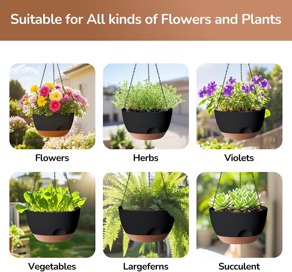 Set of 2-12 Inch Hanging Planter, Self-Watering Hanging Planters for Indoor Plants & Outdoor, Plant Hanger Indoor, Hanging Plant Pot with Drainage (Black)