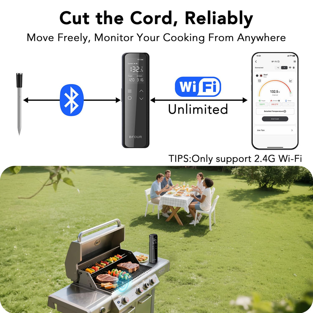 BFOUR WiFi Wireless Meat Thermometer with Standalone Base, 6 Precision Sensor, Waterproof and Heat Resistant, Intuitive Smart App, Bluetooth Meat Thermometer for Cooking, BBQ, Oven, Grill, Smoker
