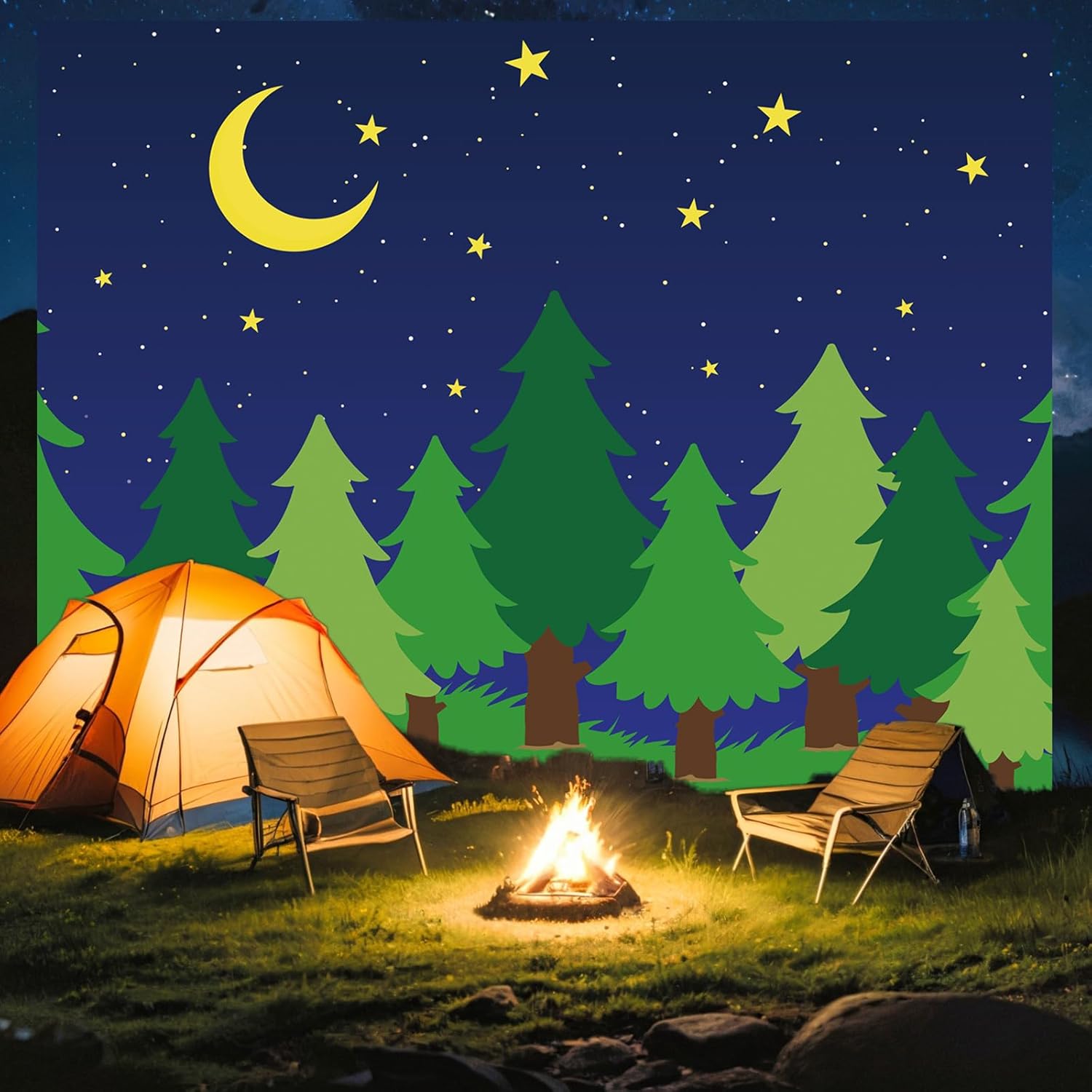 8 x 10 ft Enchanted Forest Camping Backdrop Scene Camping Background Supplies Forest Night Scene Photography Background for Theme Party Photo Banner Decoration