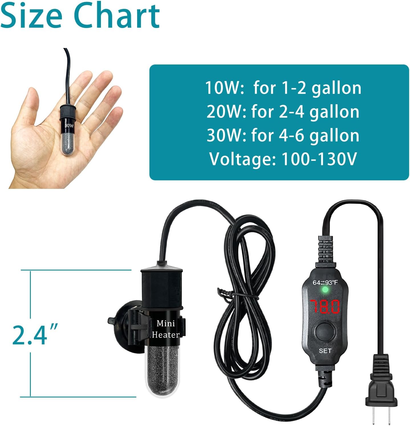 Mini Submersible Aquarium Heater, 25/30/50/100/150/200 Watts Adjustable Fish Tank Heater, Built-in Thermometer, External Temperature Controller, Smart Memory, Used for 1-60 Gallons (30W Plug)
