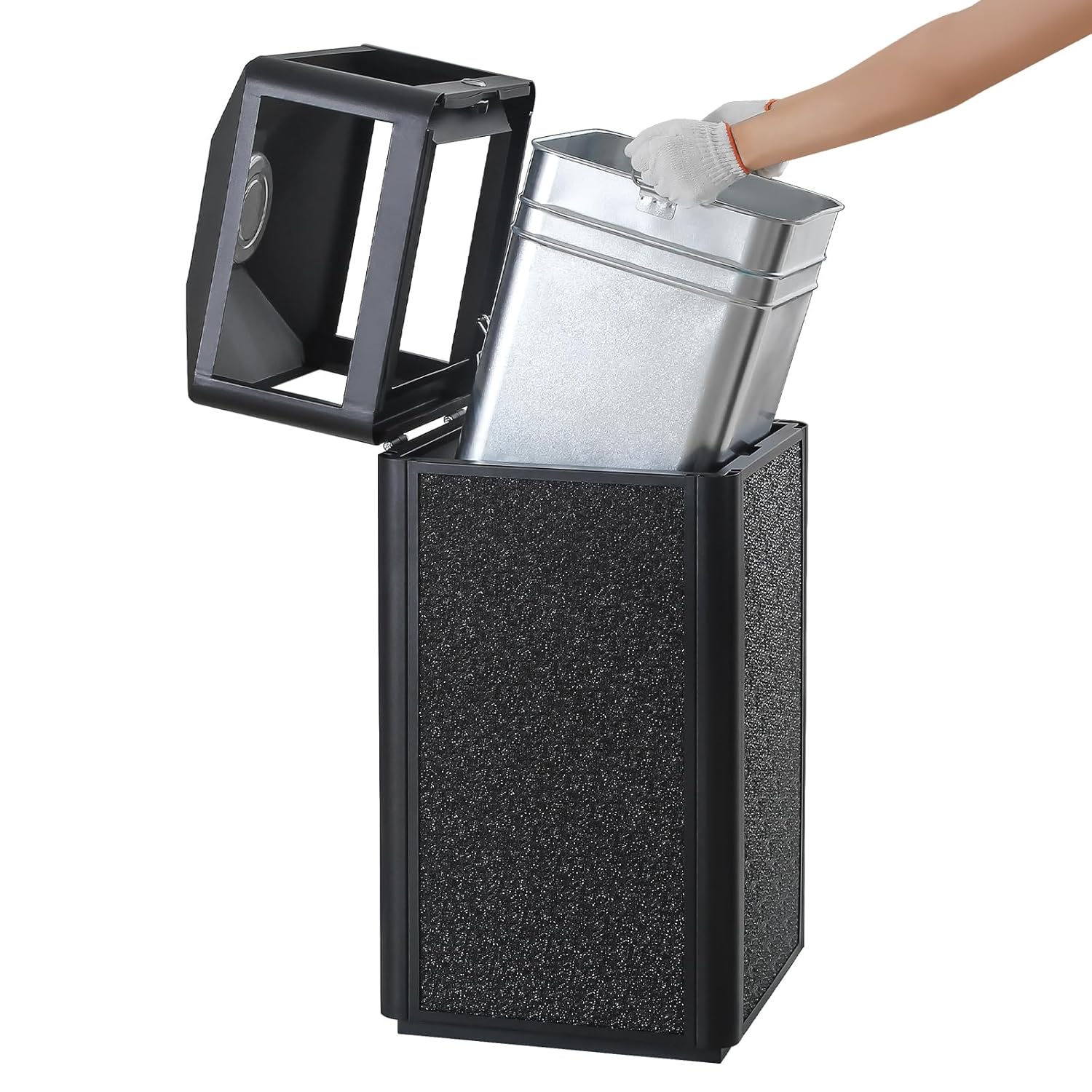 Commercial Square Receptacle Garbage Can with Dome Lid, W/Stylish Panels,Black, 15 Gallon