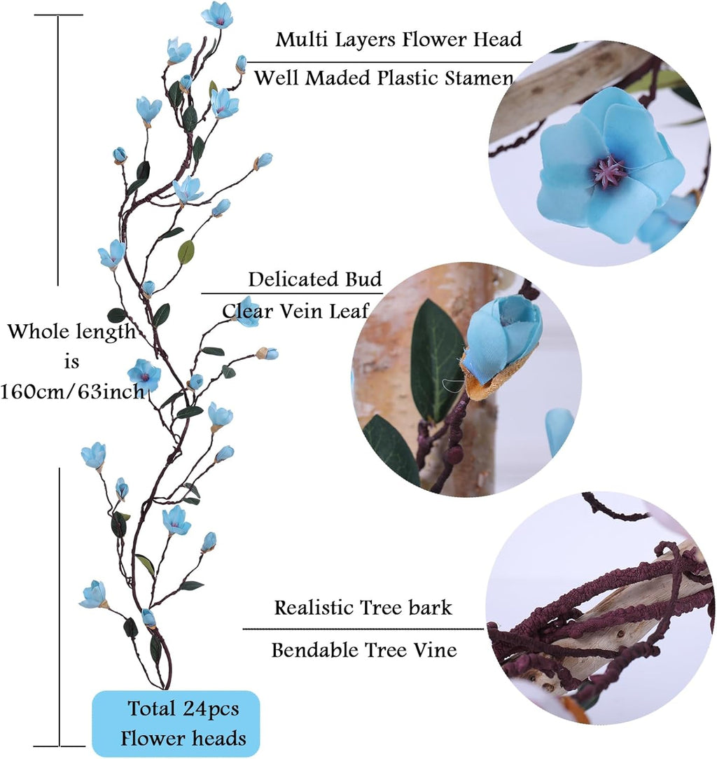 160cm/63inch Bendable Artificial Magnolia Flower Tree Branches Garland Orchid Door Hanging Floral Vines Wreath for Wedding Sign Arch Wall Backdrop Home Garden Mantel Decoration (Blue)