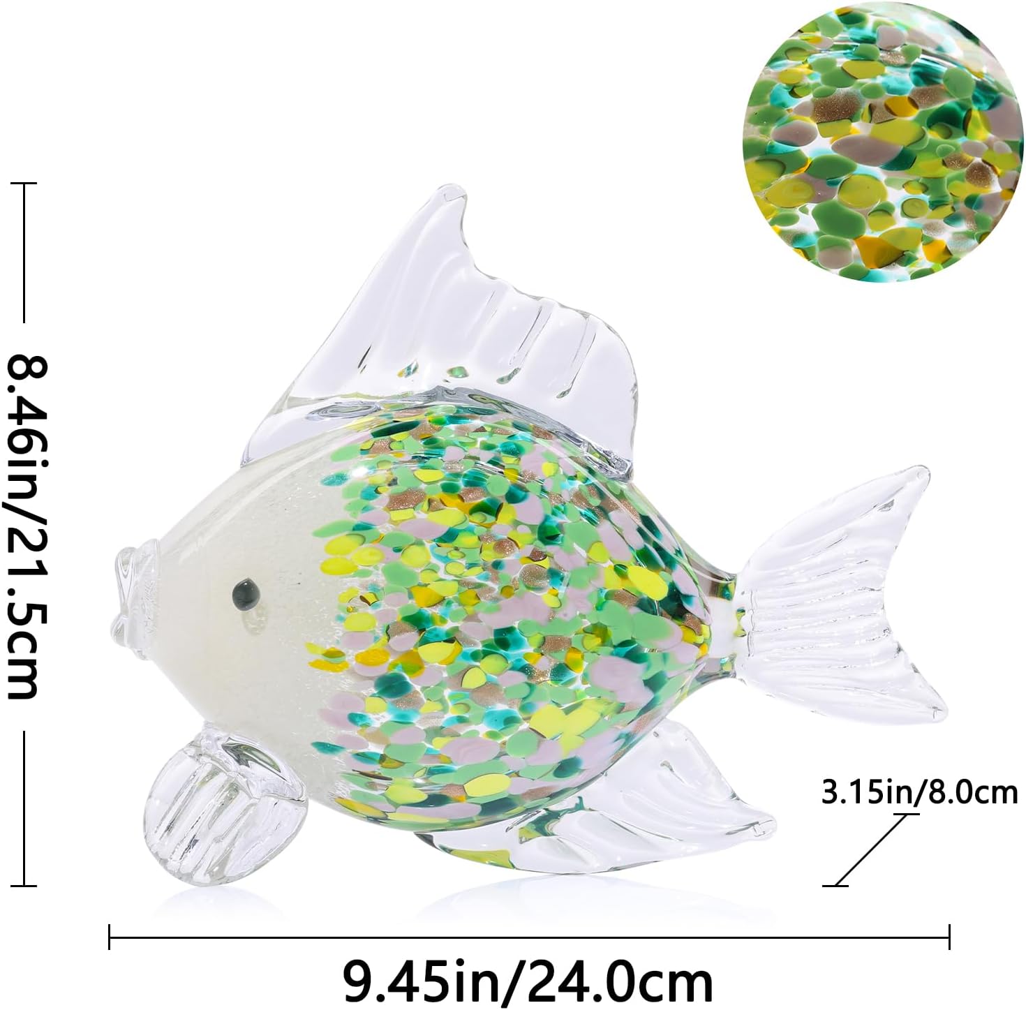 Large Hand Blown Glass Fish Figurines, Aquarium Sea Glass Art, Emerald Green Fish Statue Sculpture Modern Coastal Accent - for Beach Knick Knacks, Coffee Tables, Nautical Offices Centerpiece