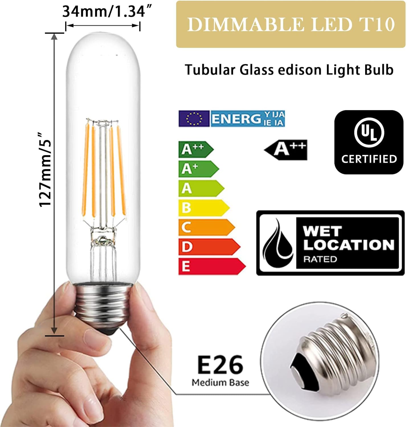 5 Inch Edison Bulb, 2700K Soft White E26 Led Bulb 6W Dimmable, 800LM T10/T9 Clear Glass Tubular Light Bulbs, AC 120V Equal 80 Watt Bulbs for Chandelier Pendant Wall Light - 6Pack