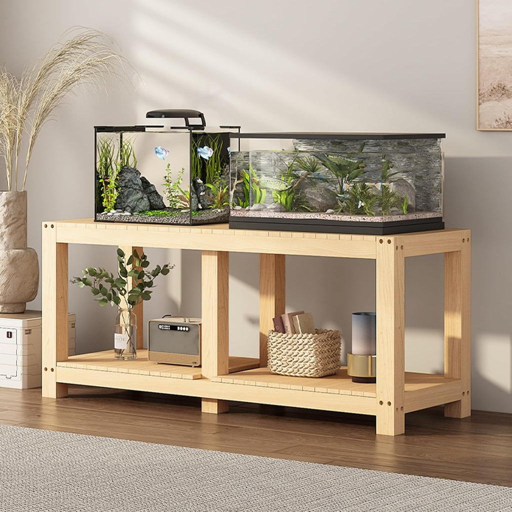 FORRTY Solid Wood Aquarium Stand – Heavy Duty Wooden Fish Tank Stand With 2-Tier Storage | Natural Pine Reptile Tank Table | Indoor Plant Rack | Printer Table | Multi-Purpose Shelf | 30–150cm Width(Wo