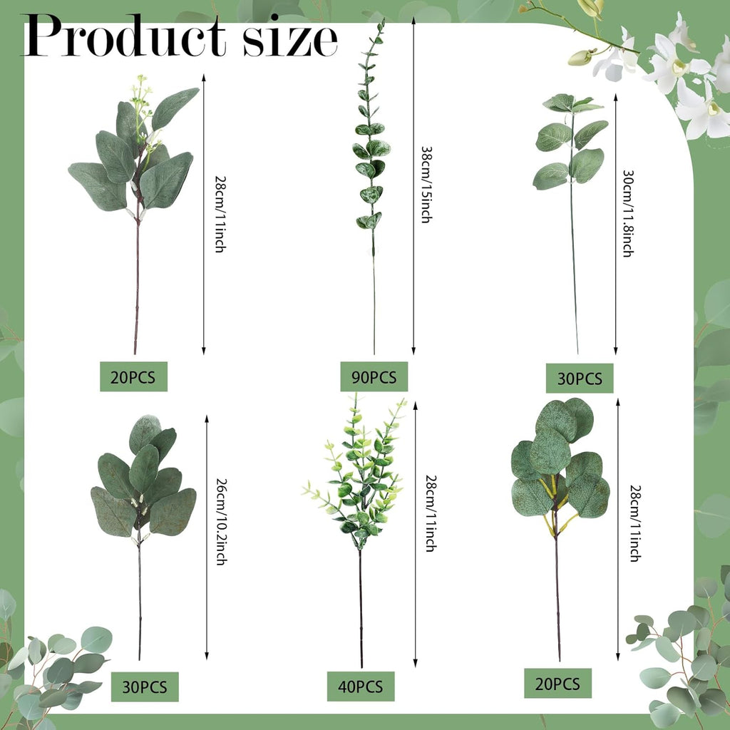 Ceenna 300 Pcs 6 Kinds Mixed Eucalyptus Leaves Stems Bulk Artificial Eucalyptus Leaves Sprays Silver Dollar Faux Greenery Picks Bundle for Wedding Vase Floral Arrangement Decor