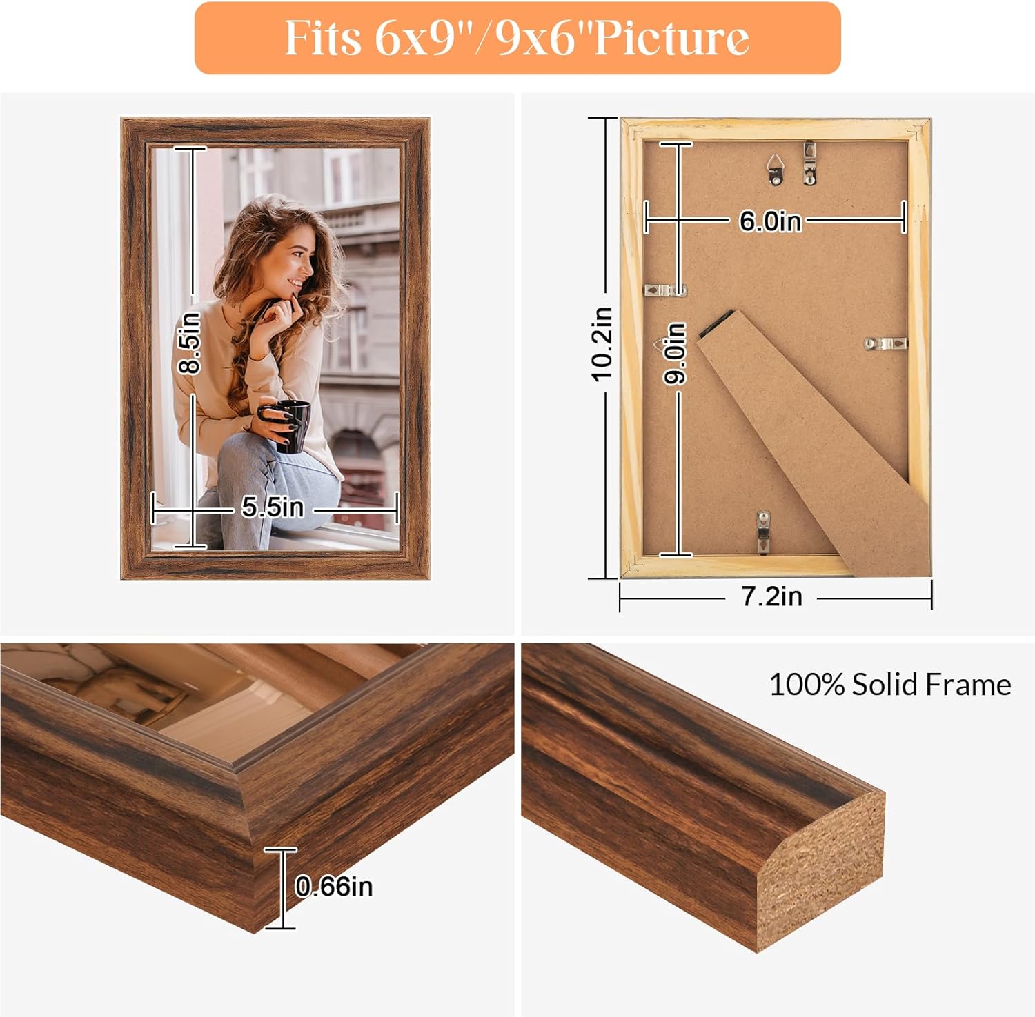 6x9 Wood Frame Brown, Natural Wooden 9x6in Picture Frames, Modern Golden 6 x 9inch Gallery Photo Pic Frame with HD Plexiglass, Horizontal Vertical Wall Mounting Tabletop Display 1Pcs