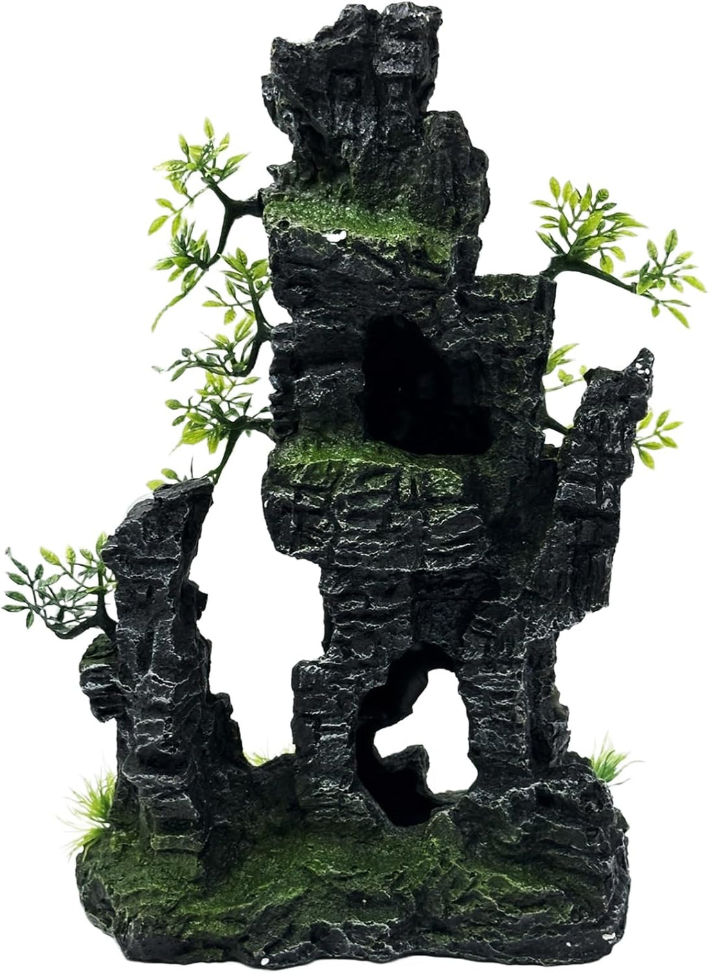 Large and Tall Fish Tank Decorations Aquarium Mountain View Stone Decorations Resin Rock Aquascaping with Hiding Cave, Fish Tank Accessories Aquarium Ornaments with Small Plants (C)