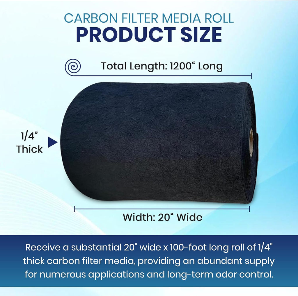 Activated Carbon Filter Media Roll - 20" x 100' x 1/4" Thick, Odor Control, Cut to Size, Filter Range Hood, AC Filter Material, Durable Carbon Filters, Made in USA