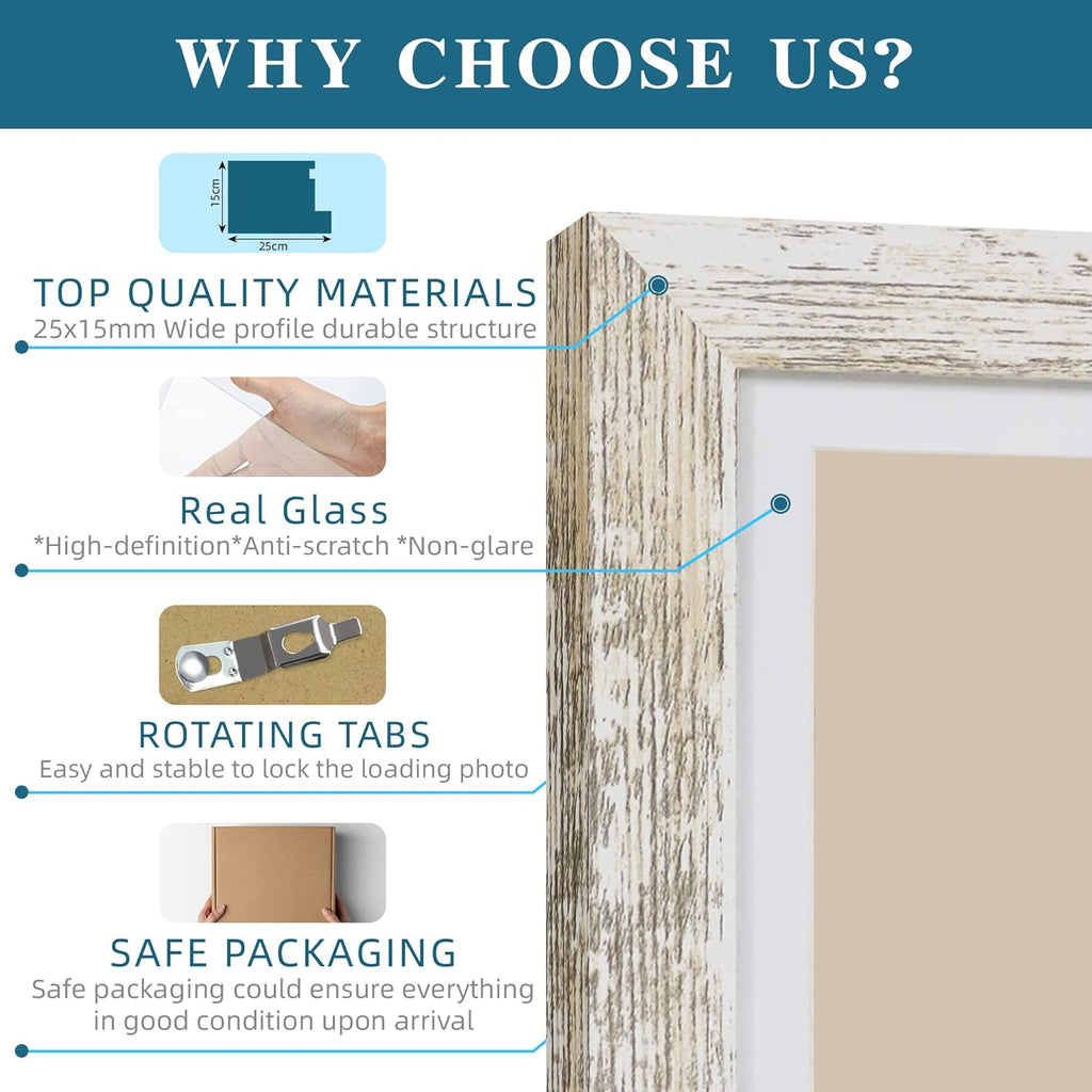 6x6 Picture Frame Set of 4, Made of Real Glass and Multicolour Wooden Frame, 6 by 6 Photo for Wall or Tabletop - Display Picture 4x4 with Mat or 6x6 Without Mat
