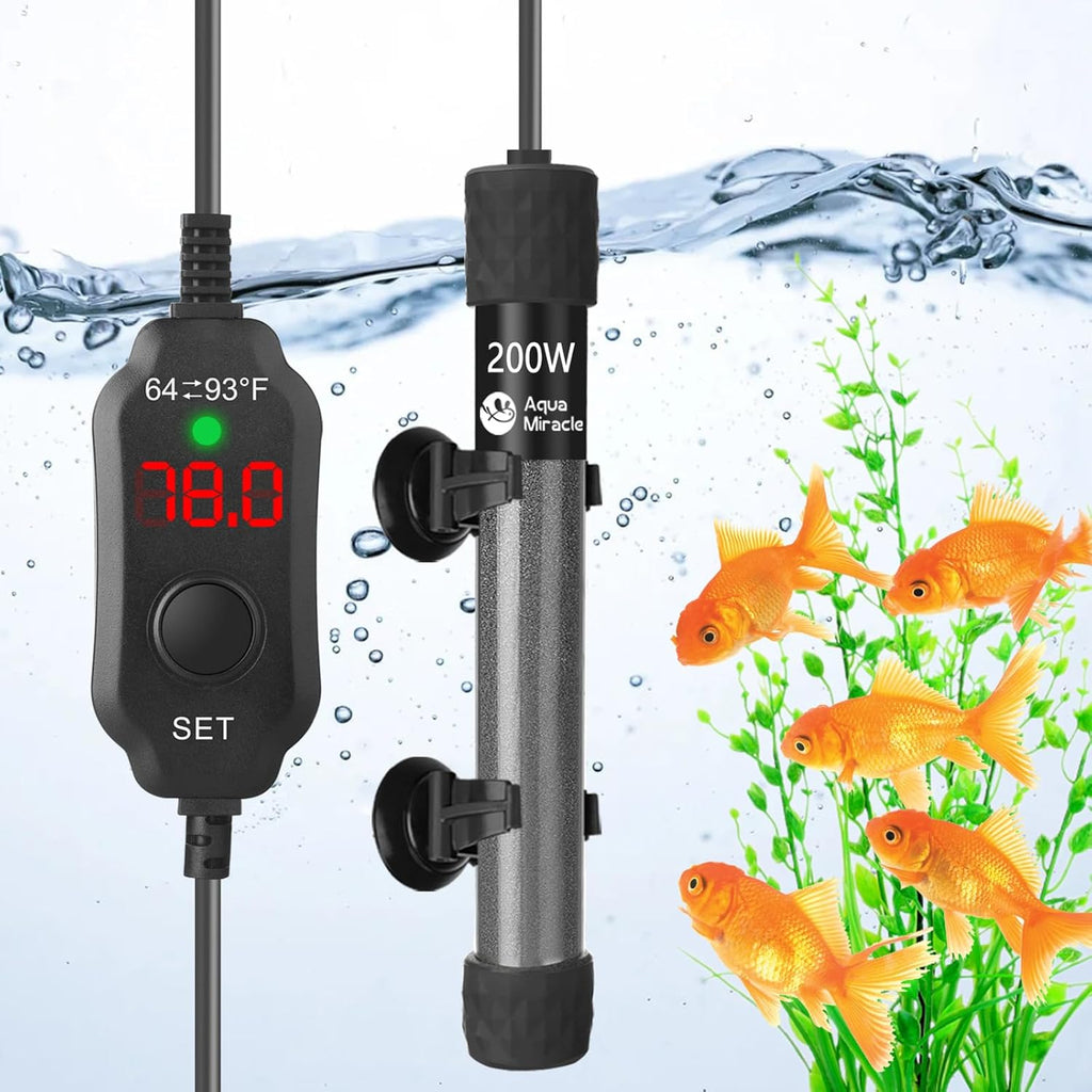 AquaMiralce 200W Aquarium Heater with Compact Size, Submersible Fish Tank Heater with LED Digital Display Thermostat, Adjustable Fish Heater Turtle Heater for 30-40 Gallon Tanks