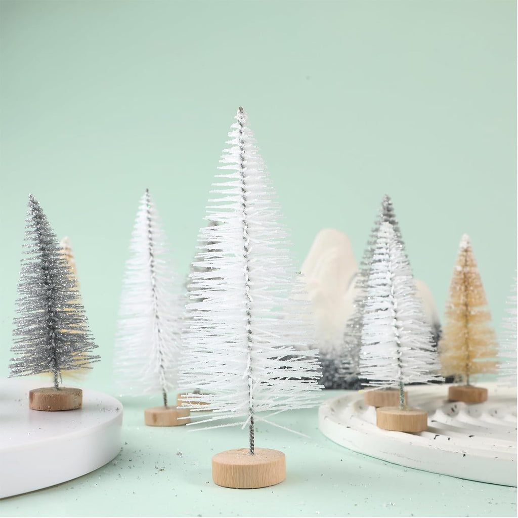 8 Pcs Artificial Mini Christmas Trees, Miniature Pine Trees Sisal Trees with Wood Base Tabletop Christmas Tree for Christmas Xmas Holiday New Year (Pure White, 8 pcs)