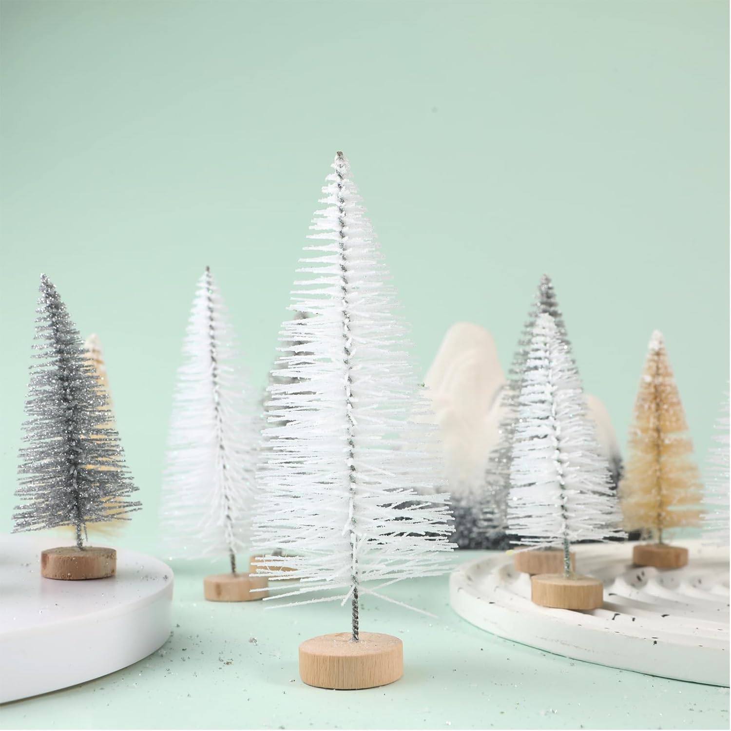 8 Pcs Artificial Mini Christmas Trees, Miniature Pine Trees Sisal Trees with Wood Base Tabletop Christmas Tree for Christmas Xmas Holiday New Year (Pure White, 8 pcs)