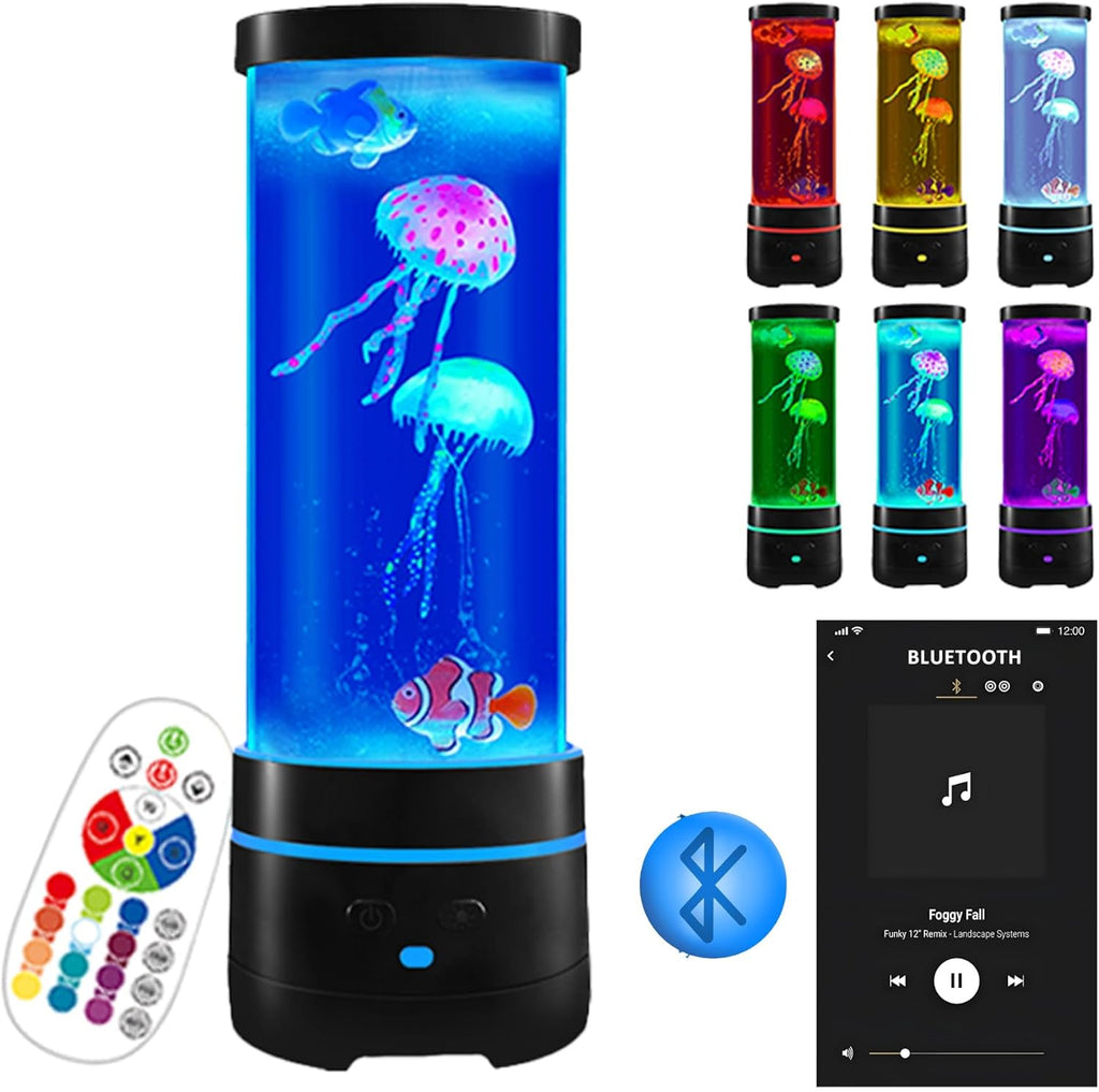 15" Jellyfish Light with Bluetooth Speaker,Black Modern Cylindrical Aquarium with 4 Jellyfish (2 Large + 2 Small), 16-Color Remote Control LED Lights,USB Powered,For Home and Office Decoration