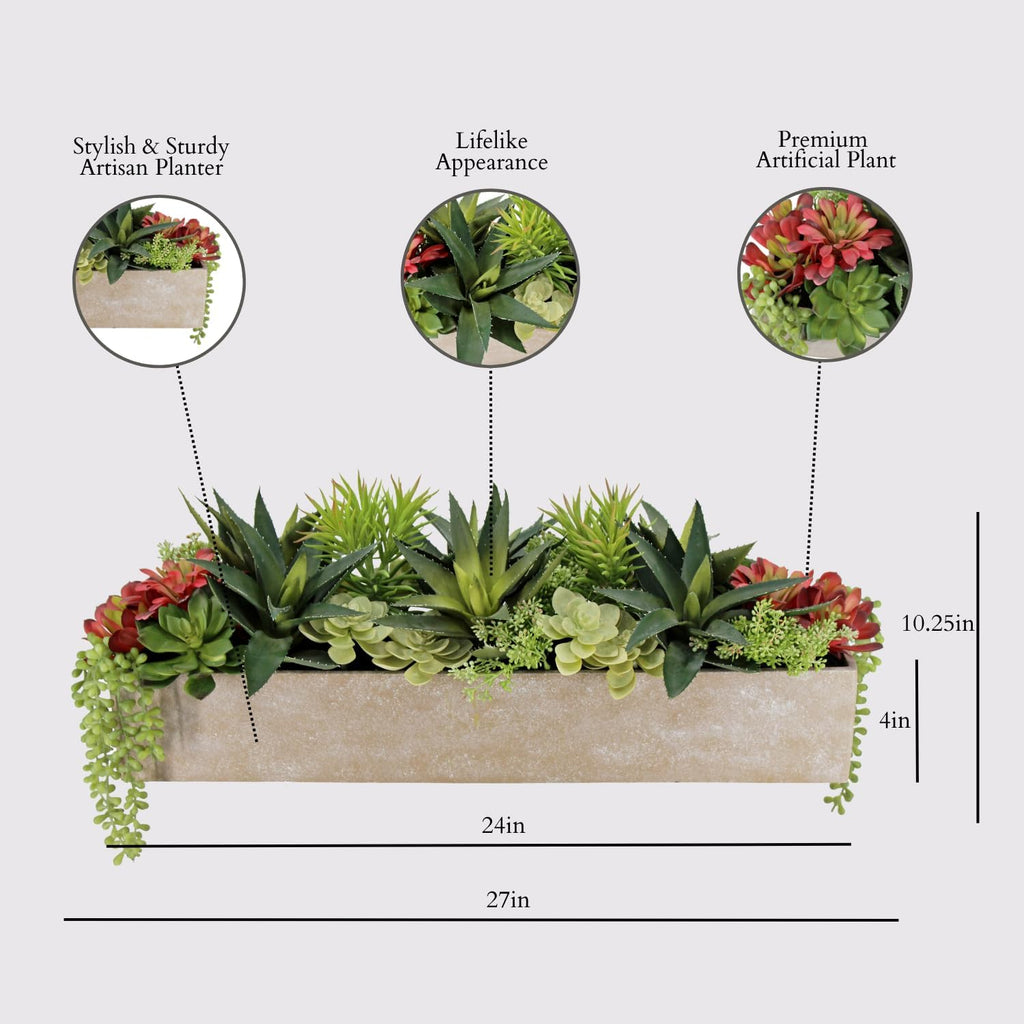 Oblong Faux Succulent Arrangement, 27" Premium Artificial Indoor Plant Enhances Interior Design, Display on any Surface in Your Home Adding an Inviting Touch of Nature, Natural Planter Pot Included