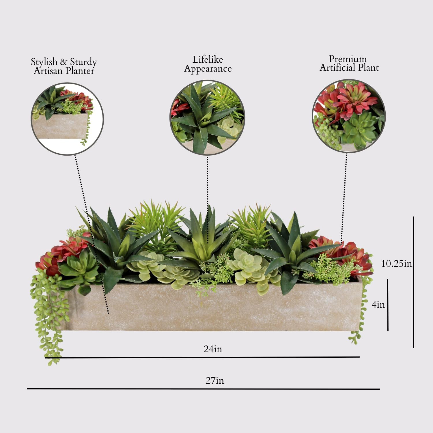 Oblong Faux Succulent Arrangement, 27" Premium Artificial Indoor Plant Enhances Interior Design, Display on any Surface in Your Home Adding an Inviting Touch of Nature, Natural Planter Pot Included