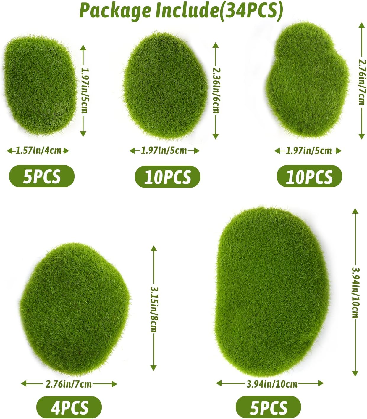 CCINEE 34pcs Artificial Moss Rocks, 5 Size Green Floral Moss Balls Moss Covered Stones Fake Moss Decor for Floral Arrangements Fairy Gardens and Crafting