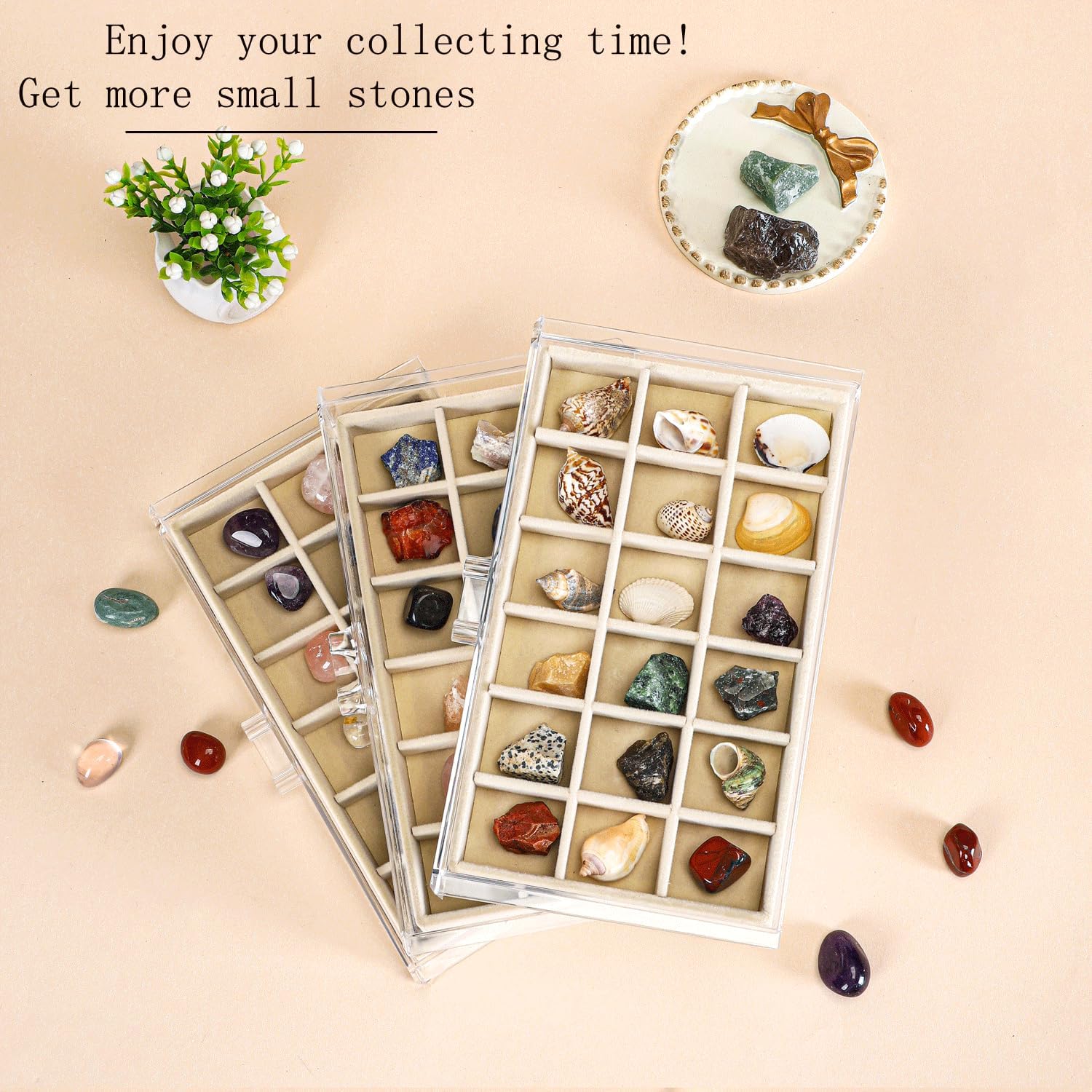 Acrylic Rock Collection Display Case with 54 Grids Storage Compartments Rock Collection Boxes Display Organizer Collection Storage Display Cases for Collectibles Crystal /Rock（Beige）