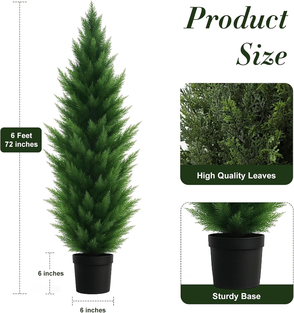 Artificial Topiary Cedar Trees 6FT Tall 2 Set, Outdoor Indoor Faux Pine Shrubs Plants, Realistic Fake Plants Arborvitae Tree Front Porch Decor, Artificial Cedar Tree for Home Front Door Offices