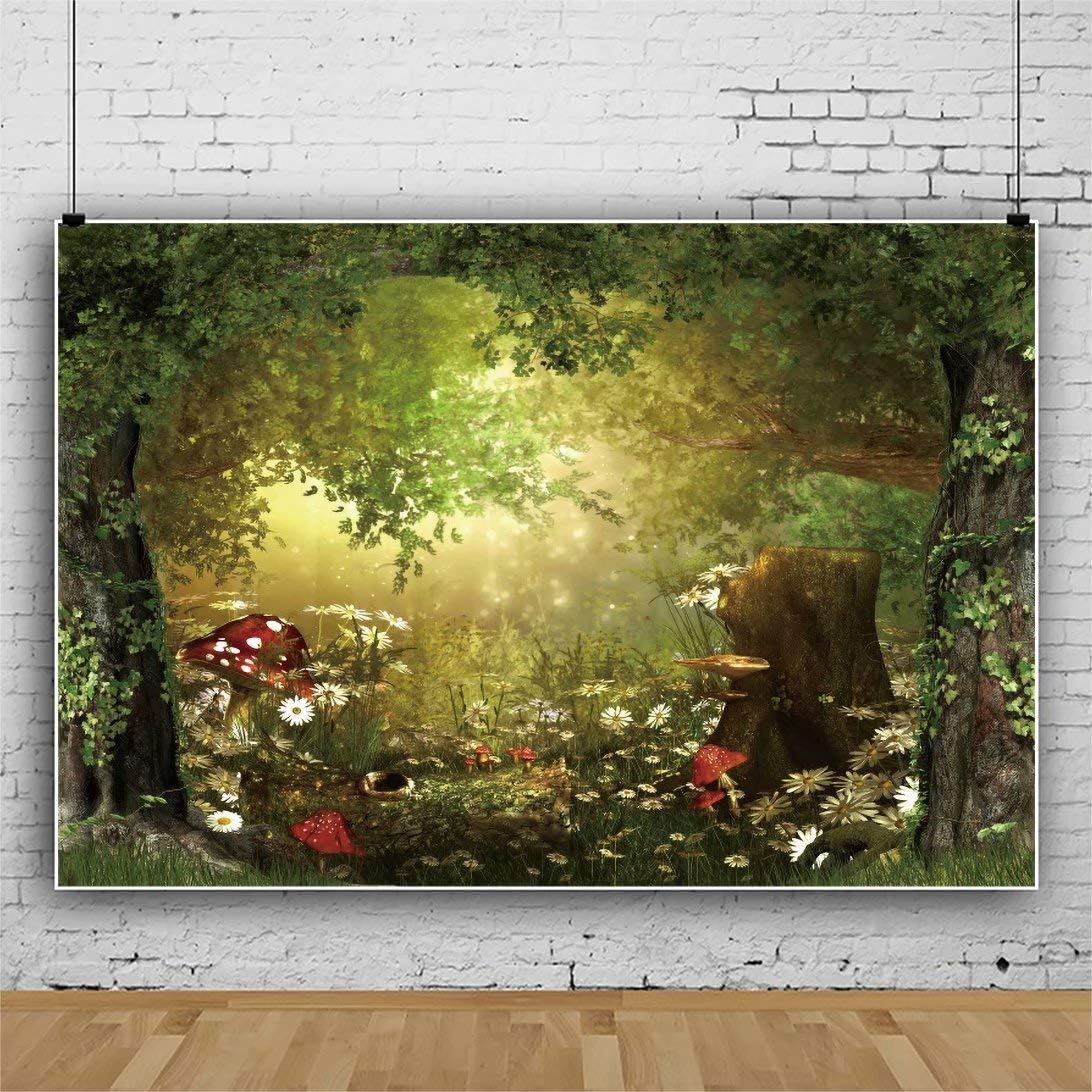 Fairy Tale Forest Wonderland Backdrops for Photography Vinyl 5x3ft Green Trees Wildflowers Daisy Mushroom Scenery Photo Background Portrait Kid Boy Girl Photoshoot Studio Prop Party Decor
