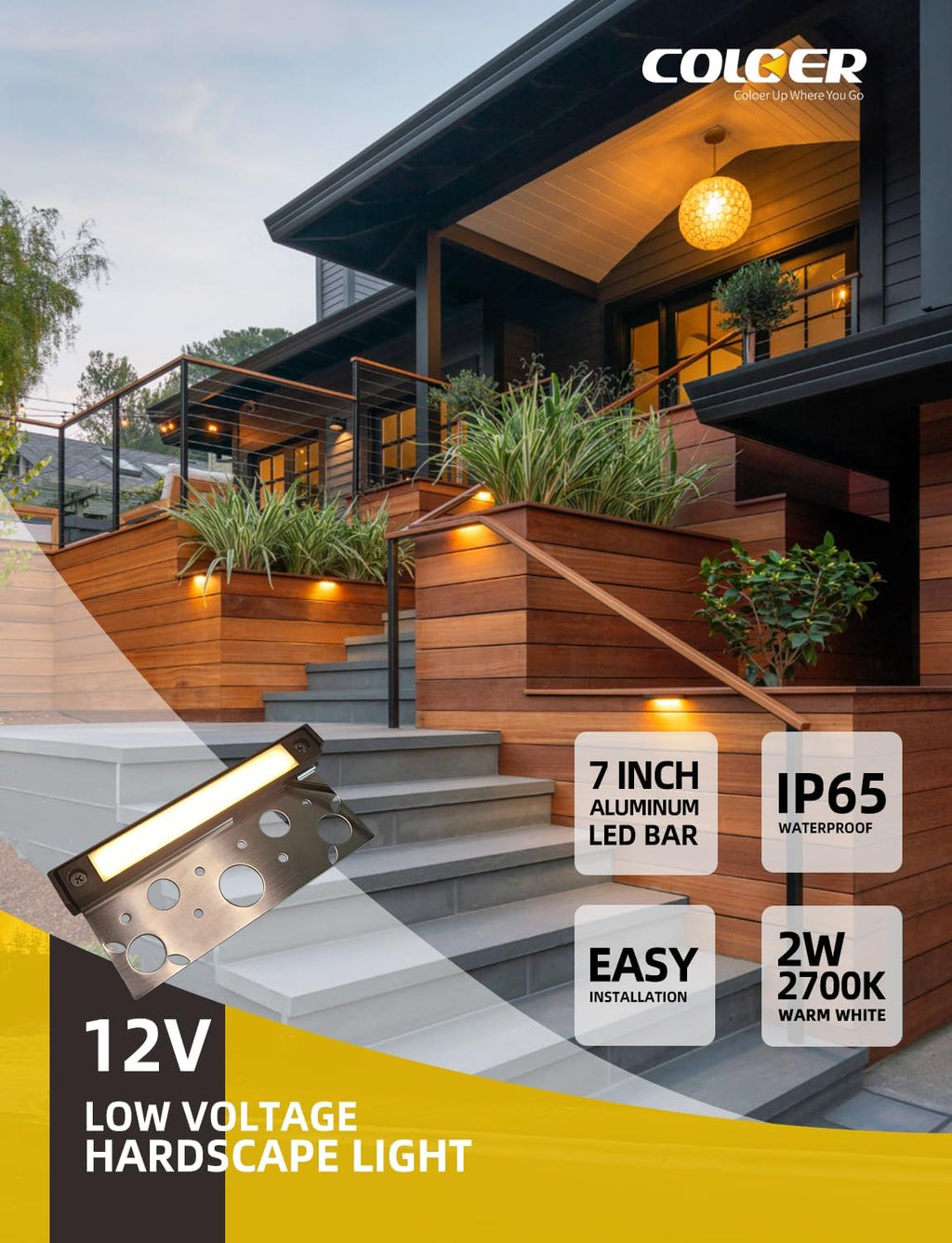 COLOER Aluminum 7 Inch LED Replaceable Hardscape Lighting, 12V AC/DC Low Voltage Retaining Wall Lights, 2W Outdoor Step Lights, IP65 Waterproof Stair Lights Outdoor, 2700K Warm White(4-Pack)