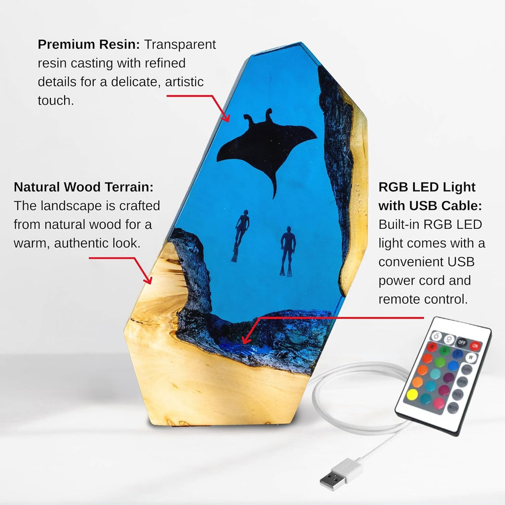 Ocean Resin Lamp – Marine Life Night Light with 16 Color LED, USB Powered Whale Shark & Turtle Desk Lamp with Wooden Base & Remote,Handmade Gift for Christmas, New Year