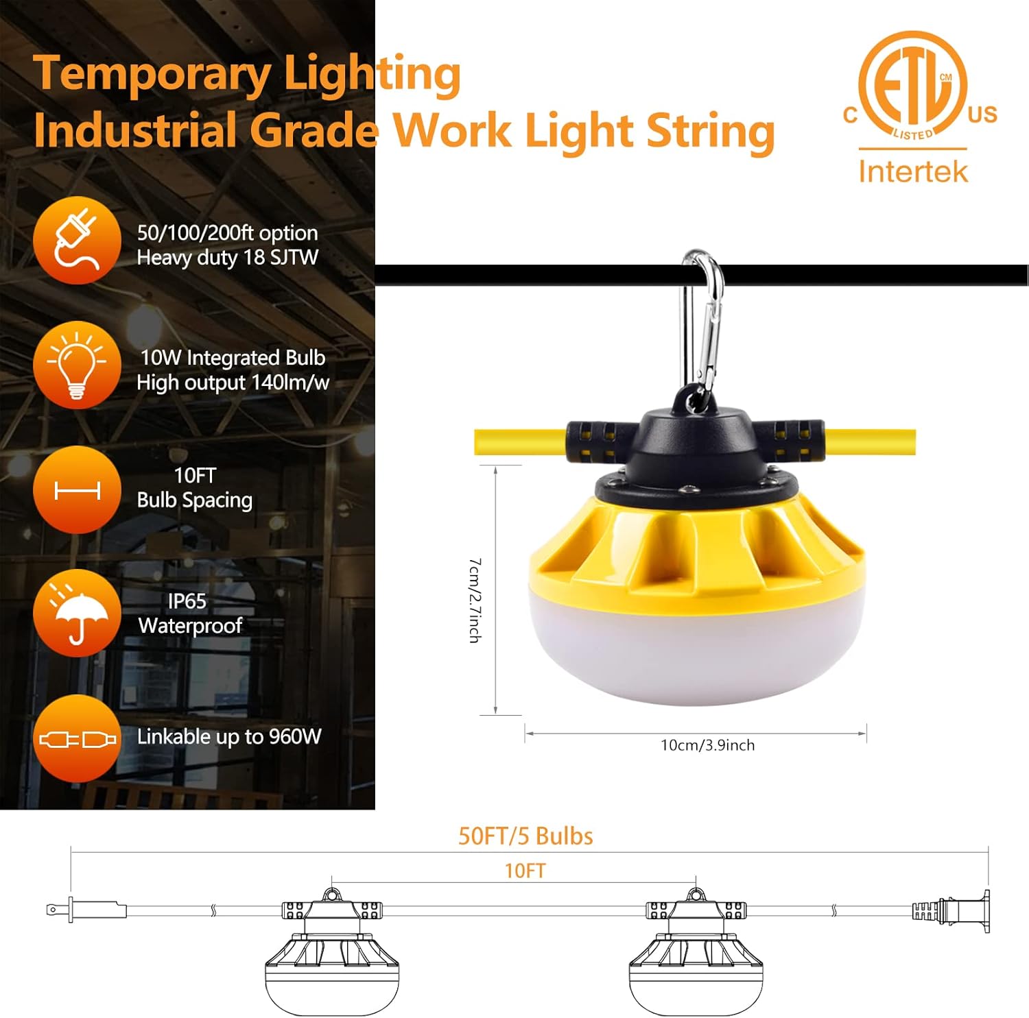 50FT Construction String Lights LED Industrial Grade Best for Construction Sites, Renovation, Walkways,Patio，Mine cave, Outdoor, and Other Outdoor Lighting Solutions Use,Free for Climbing Hook