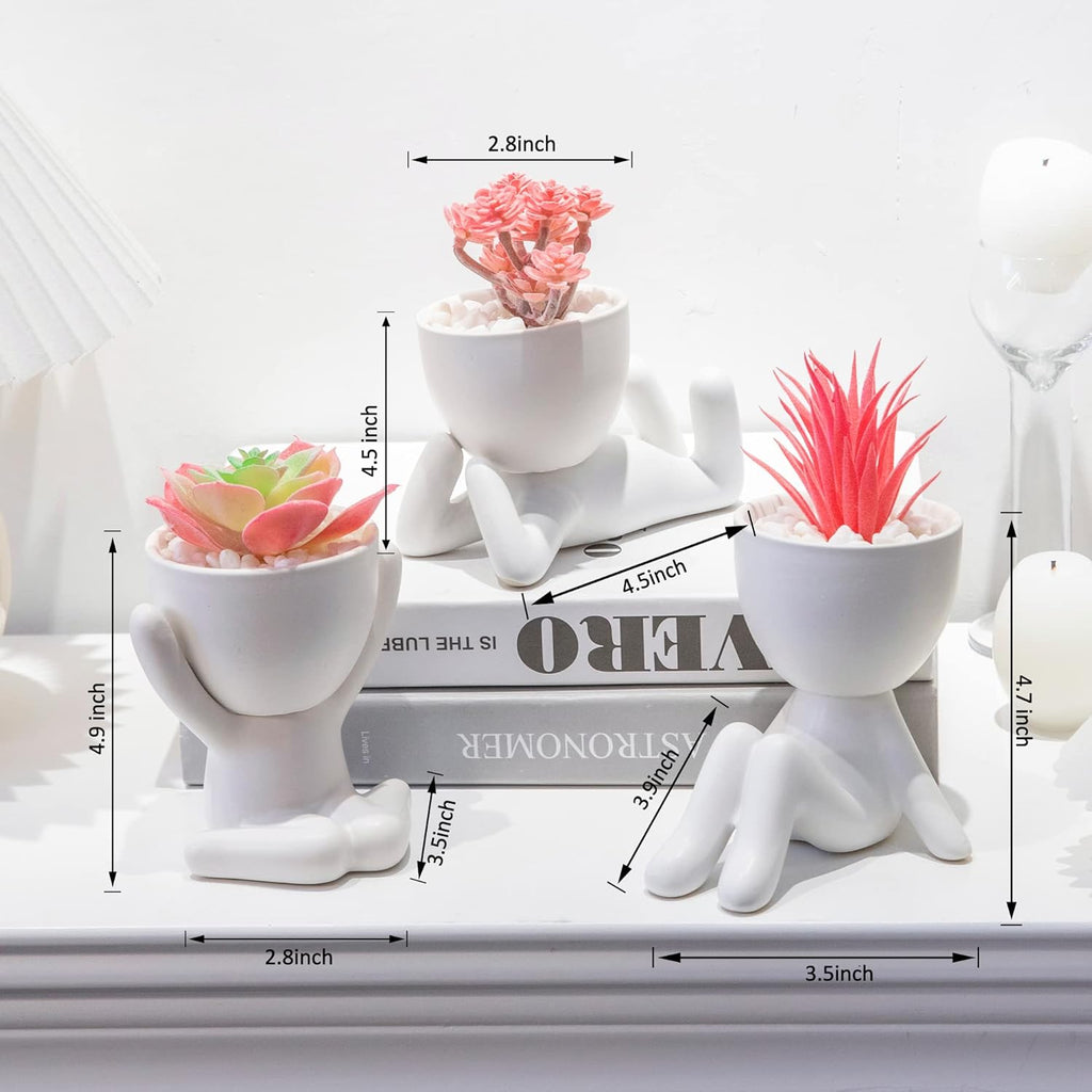 3PCS Human-Shaped Potted Artificial Plants Office Decor for Women and Men, Small Fake Plants Decor for Bedroom and Bathroom, Cute Faux Succulent Desk Decor for Office and Home, Pink