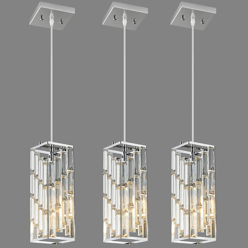 Chrome Pendant Lighting Modern Pendant Light, Mini Crystal Chandeliers,Adjustable Pendant Light Fixture for Kitchen Island Dinning Room Bedroom (3 Pack)