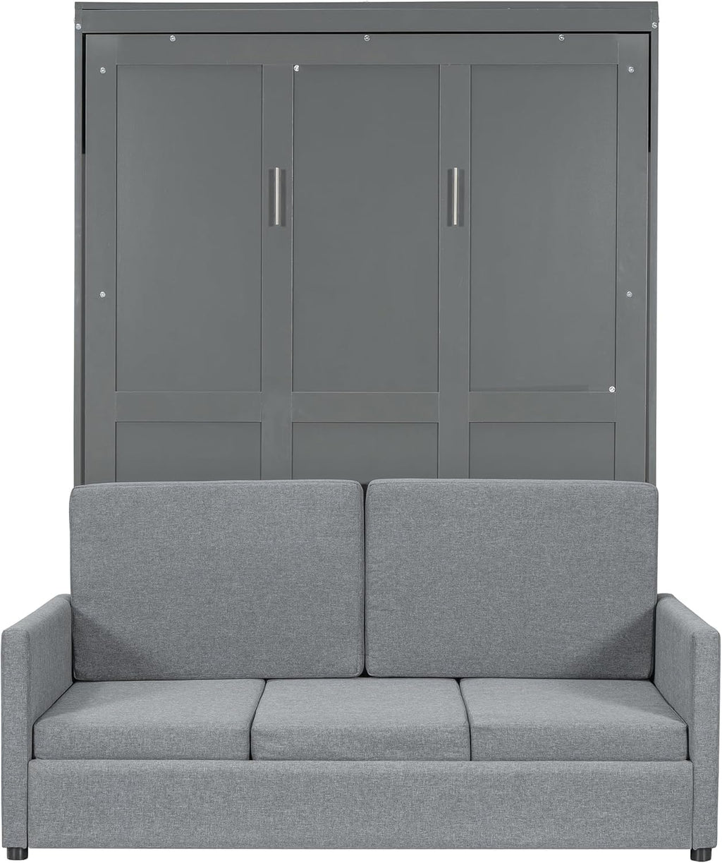 MERITLINE Full Murphy Bed with Couch,Wood Murphy Bed Cabinet with Sofa,Fold up Bed Grey Murphy Wall Bed Full Size