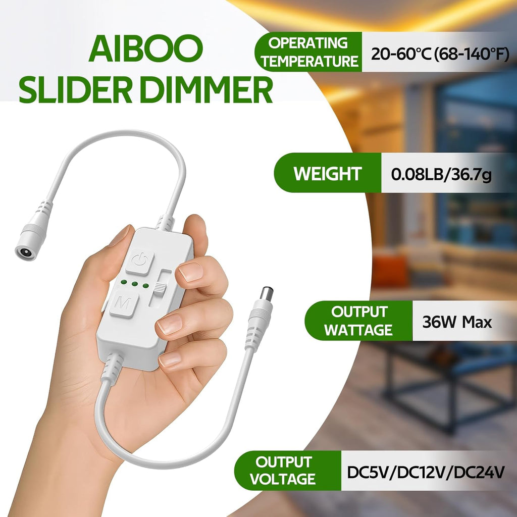 AIBOO Single Color Slider Dimmer with Timer - PWM 1pc DC 5V/12V/24V LED Controller, 36W Max, Slide Brightness Control & Auto-Off for LED Strip Lights, Closet, Counter, Aquarium Lighting (White)