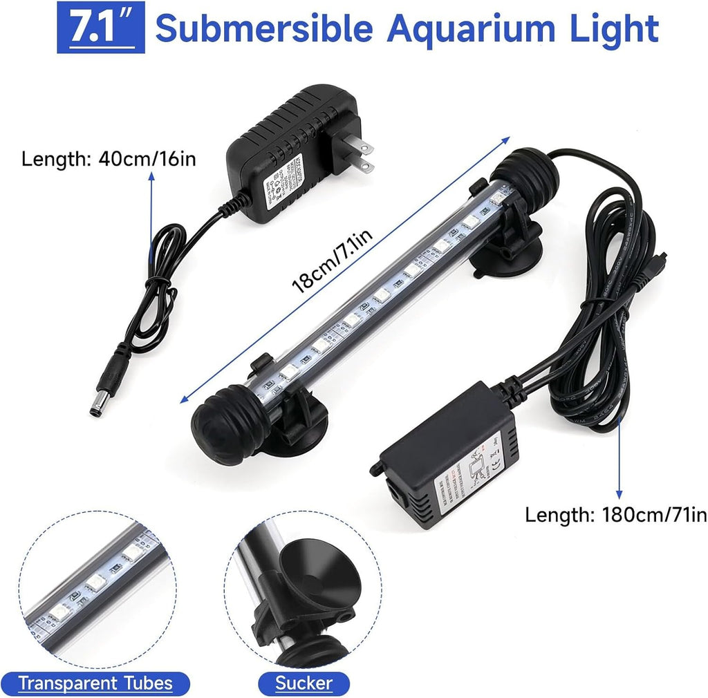 7 inch RGB Aquarium Lights, Underwater Fish Tank Lights IP68 Waterproof Color Changing Adjustable Memory Submersible Remote Control Aquarium Tank Sucker Hood Strip Lamp Waterfall Lights